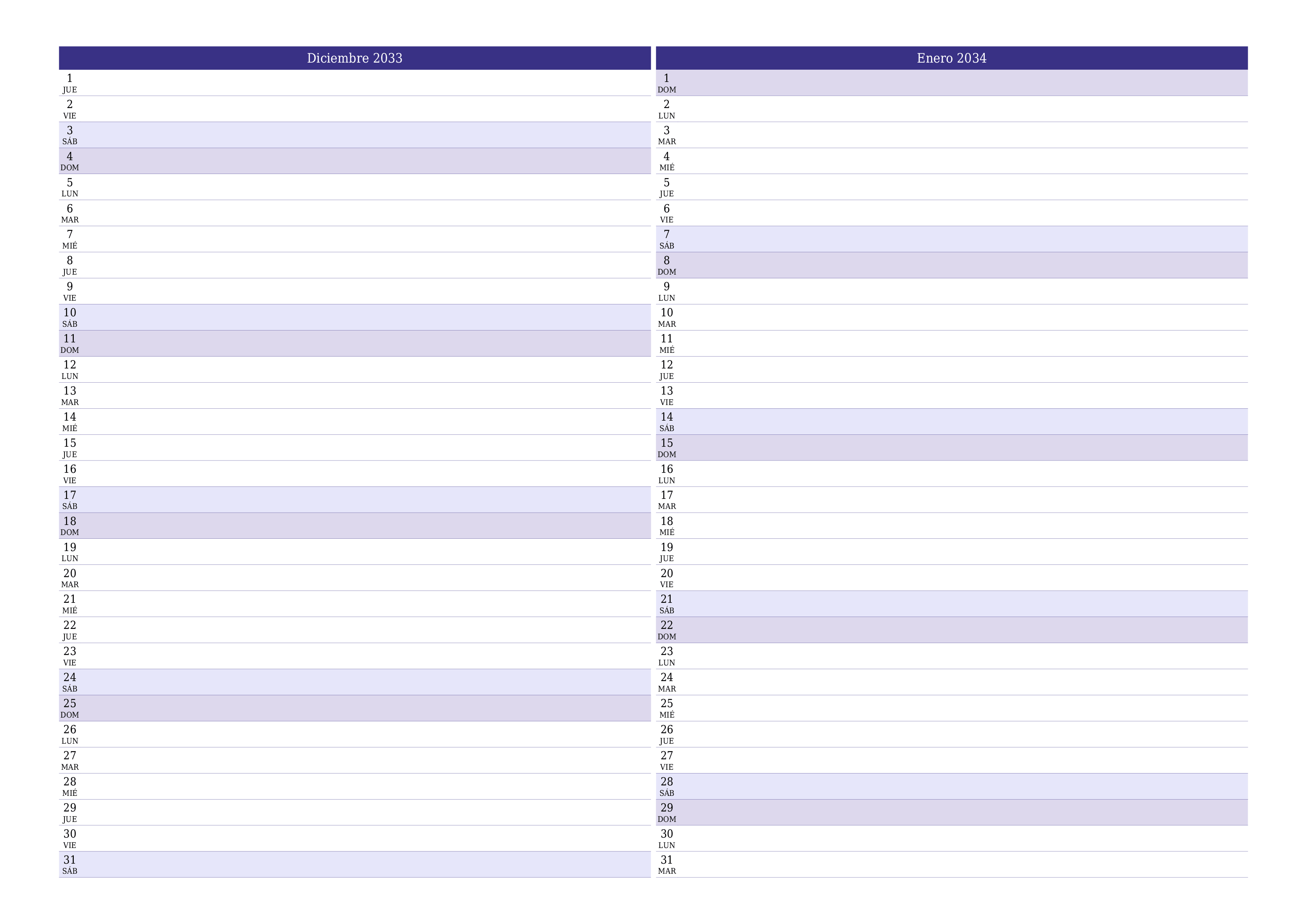 Planificador mensual vacío para el mes Diciembre 2033 con notas, guardar e imprimir en PDF PNG Spanish