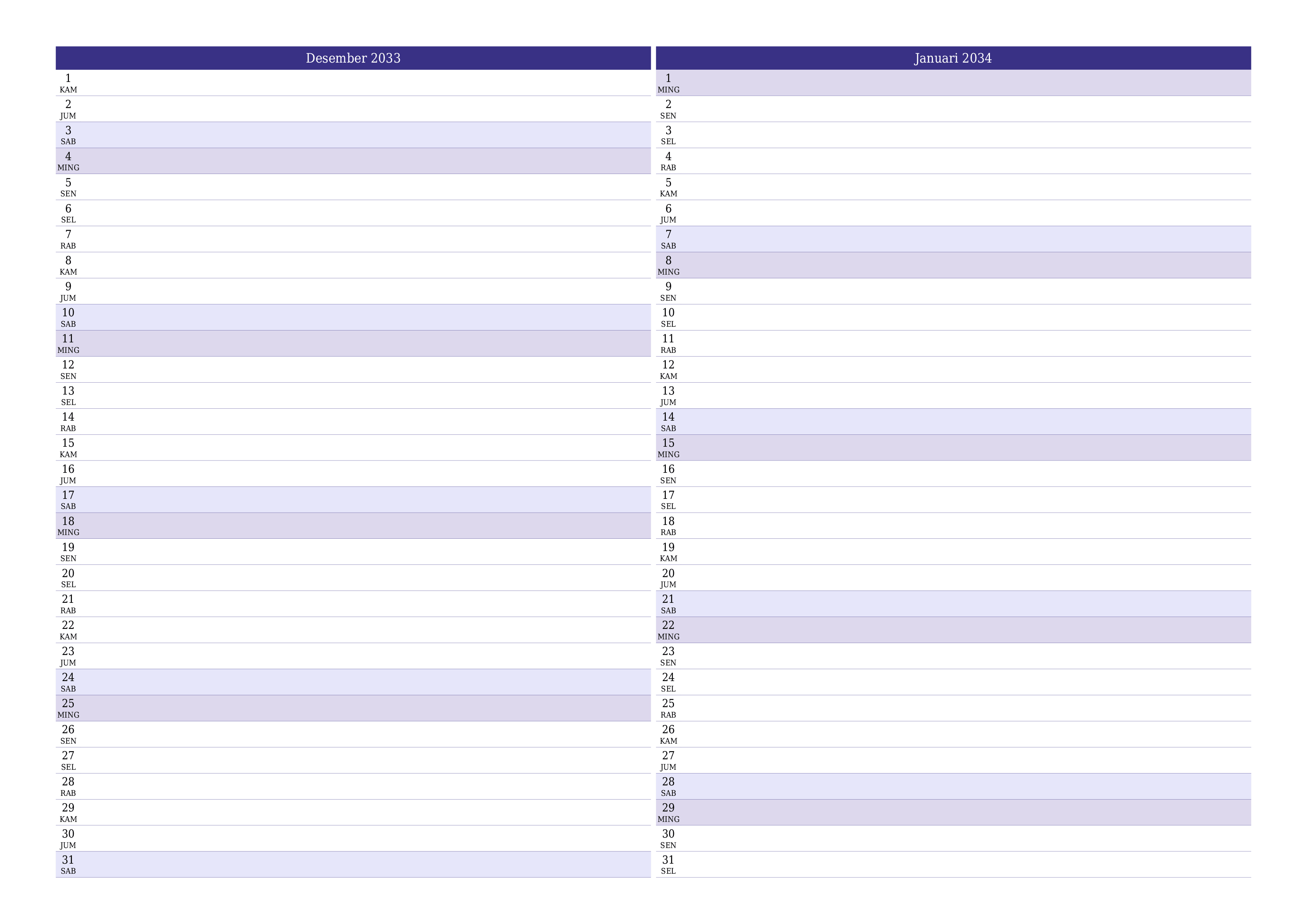 Kosongkan agenda bulanan untuk bulan Desember 2033 dengan catatan, simpan dan cetak ke PDF PNG Indonesian