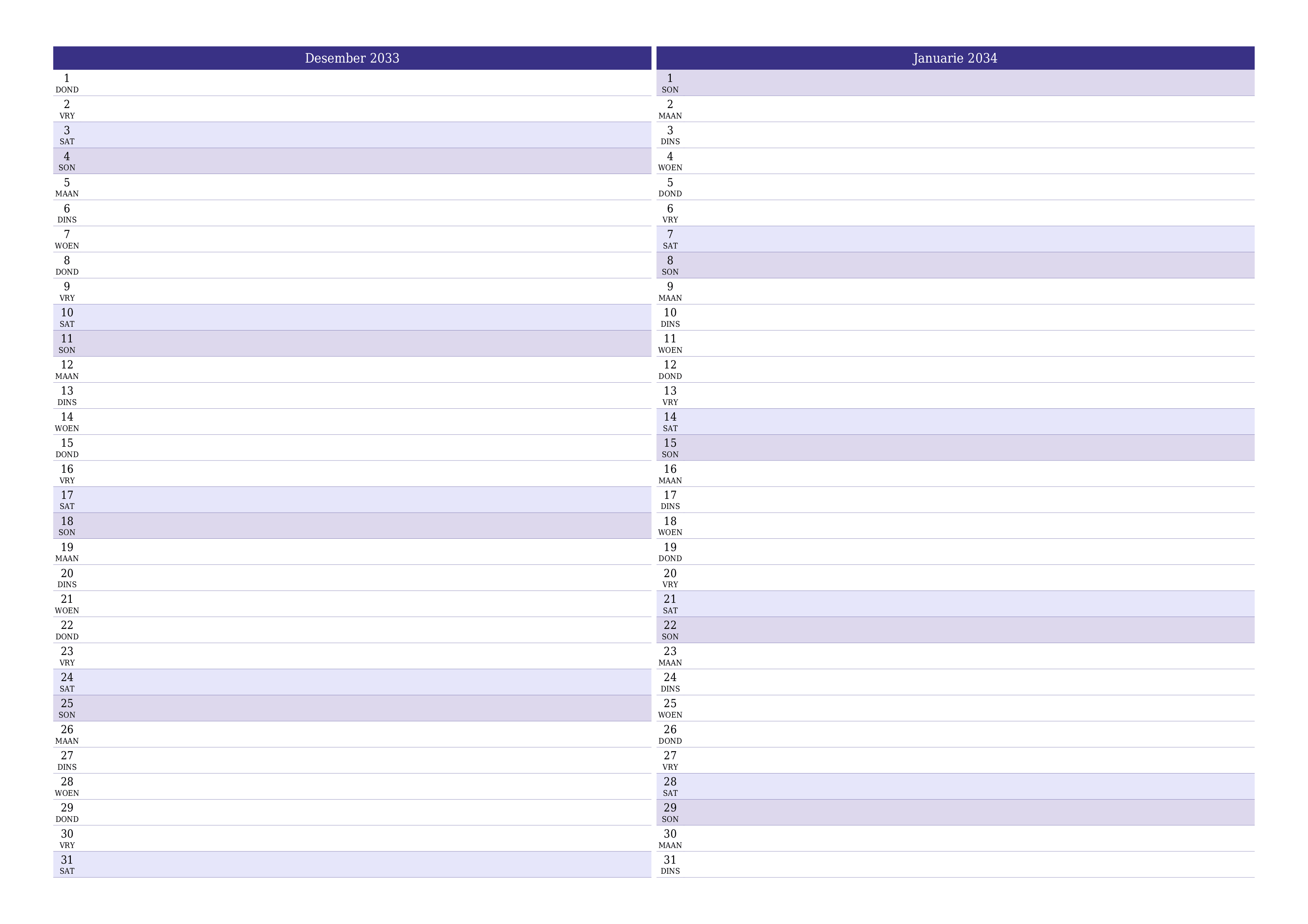 Leë maandelikse drukbare kalender en beplanner vir maand Desember 2033 met notas stoor en druk na PDF PNG Afrikaans