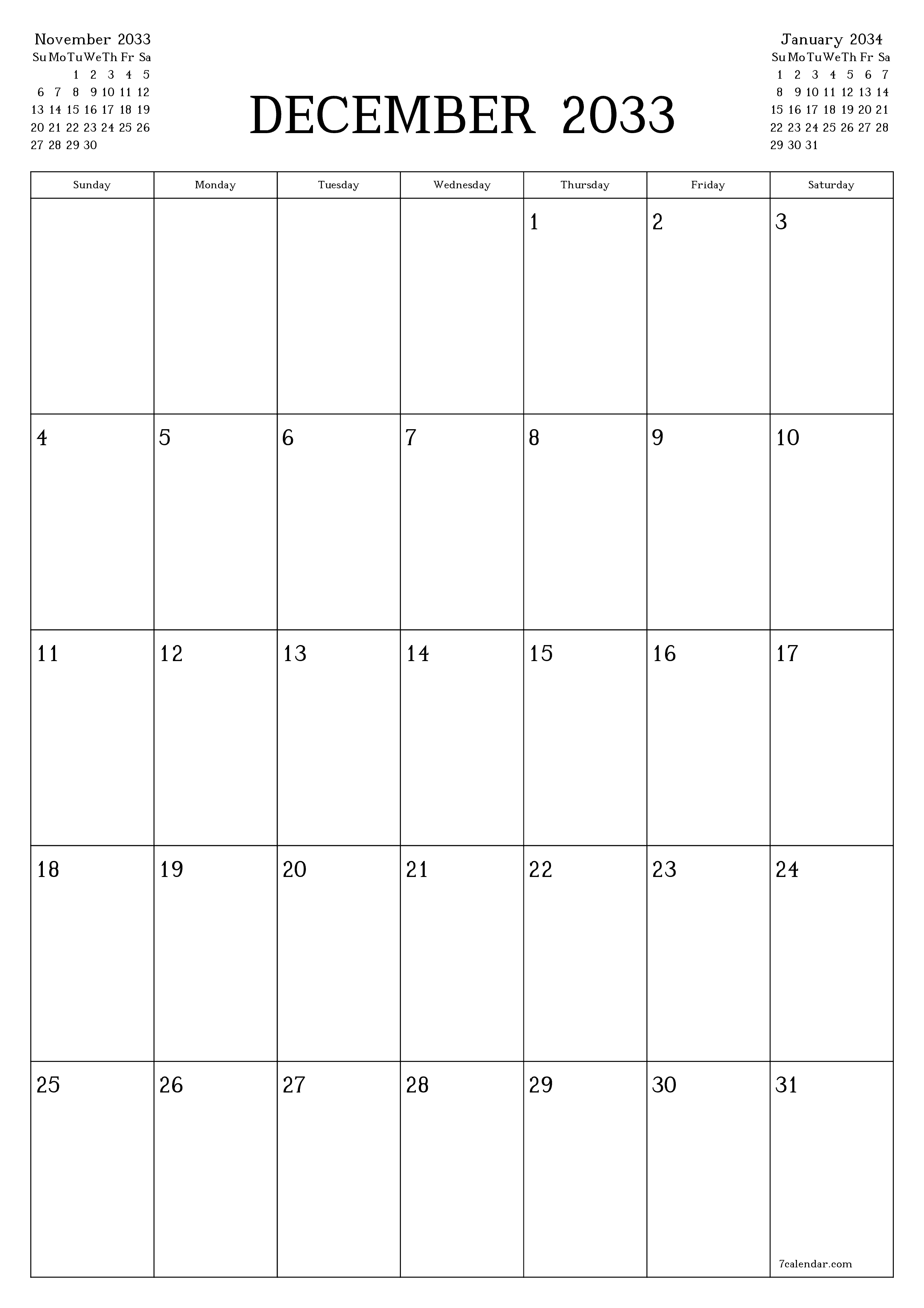printable wall template free vertical Monthly planner calendar December (Dec) 2033