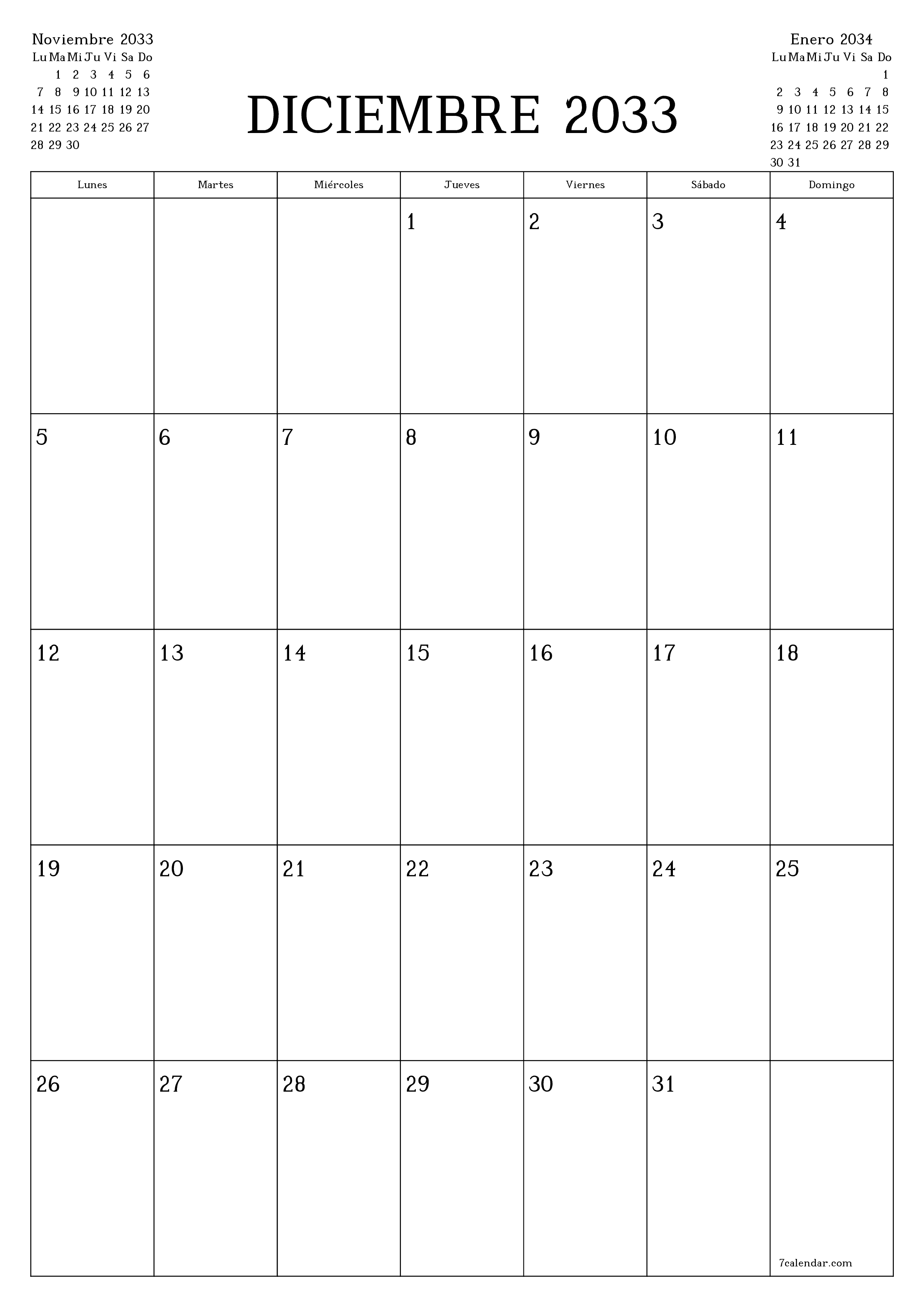  imprimible de pared plantilla de gratisvertical Mensual planificador calendario Diciembre (Dic) 2033