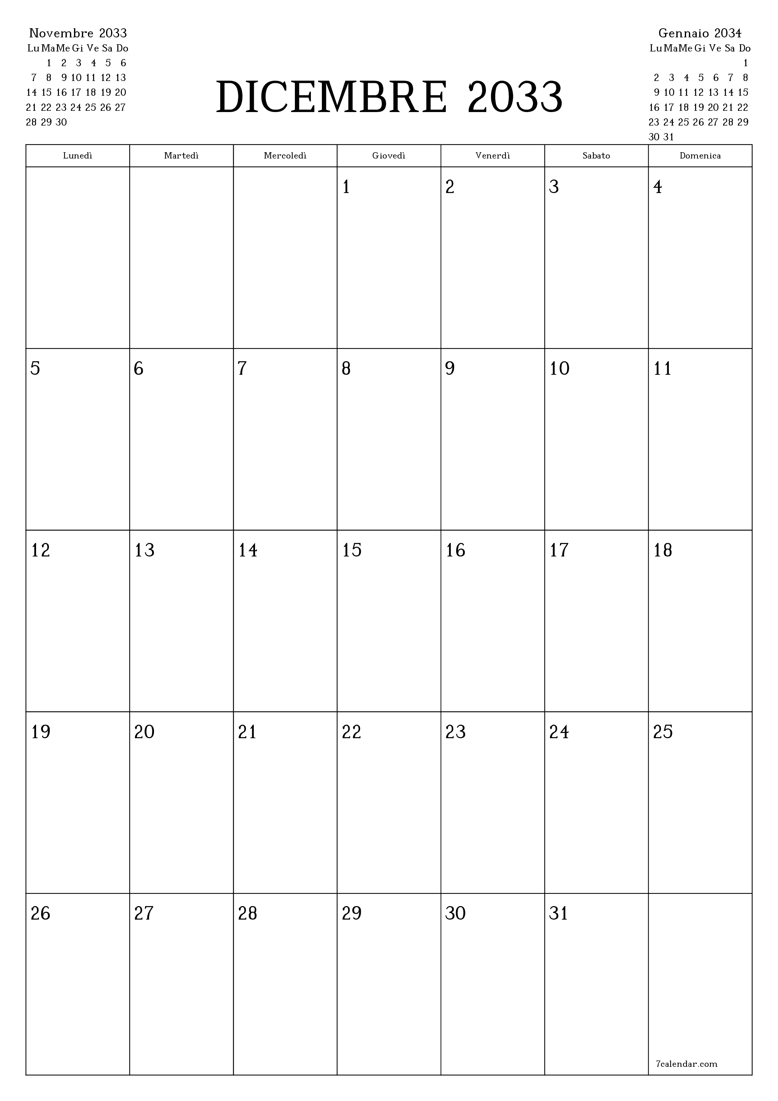  stampabile da parete modello di gratuitoverticale Mensile pianificatore calendario Dicembre (Dic) 2033