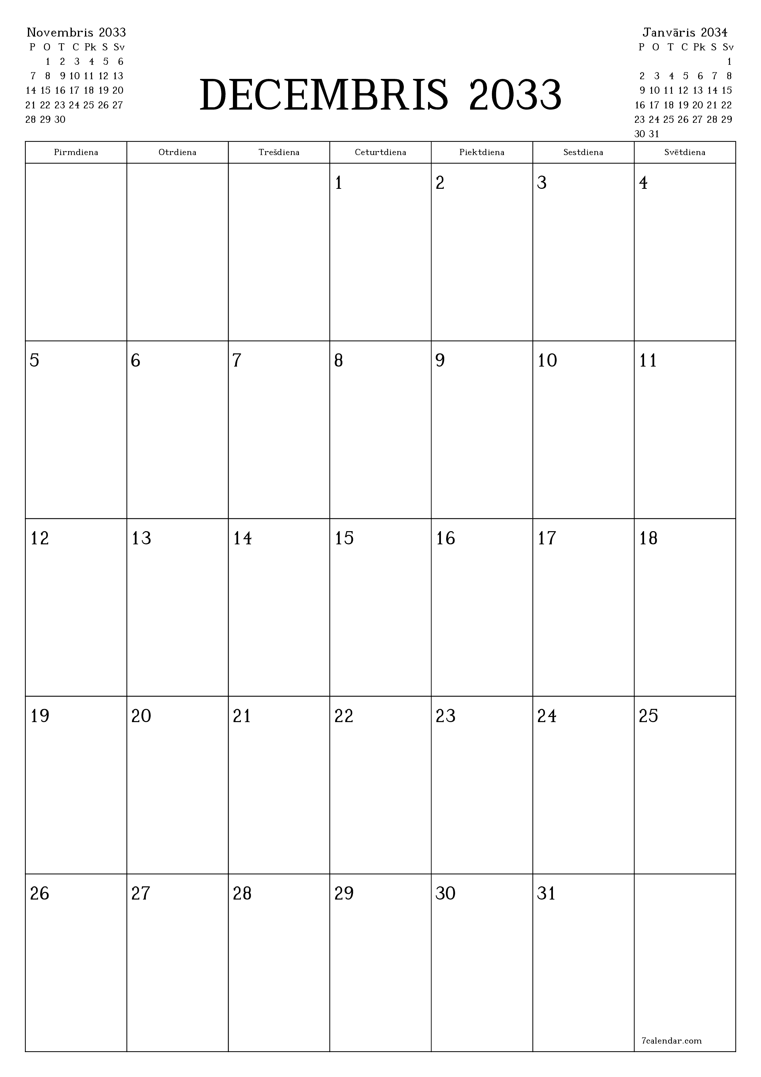 izdrukājams sienas kalendāra veidne bezmaksas vertikāli Mēneša plānotājs kalendārs Decembris (Dec) 2033