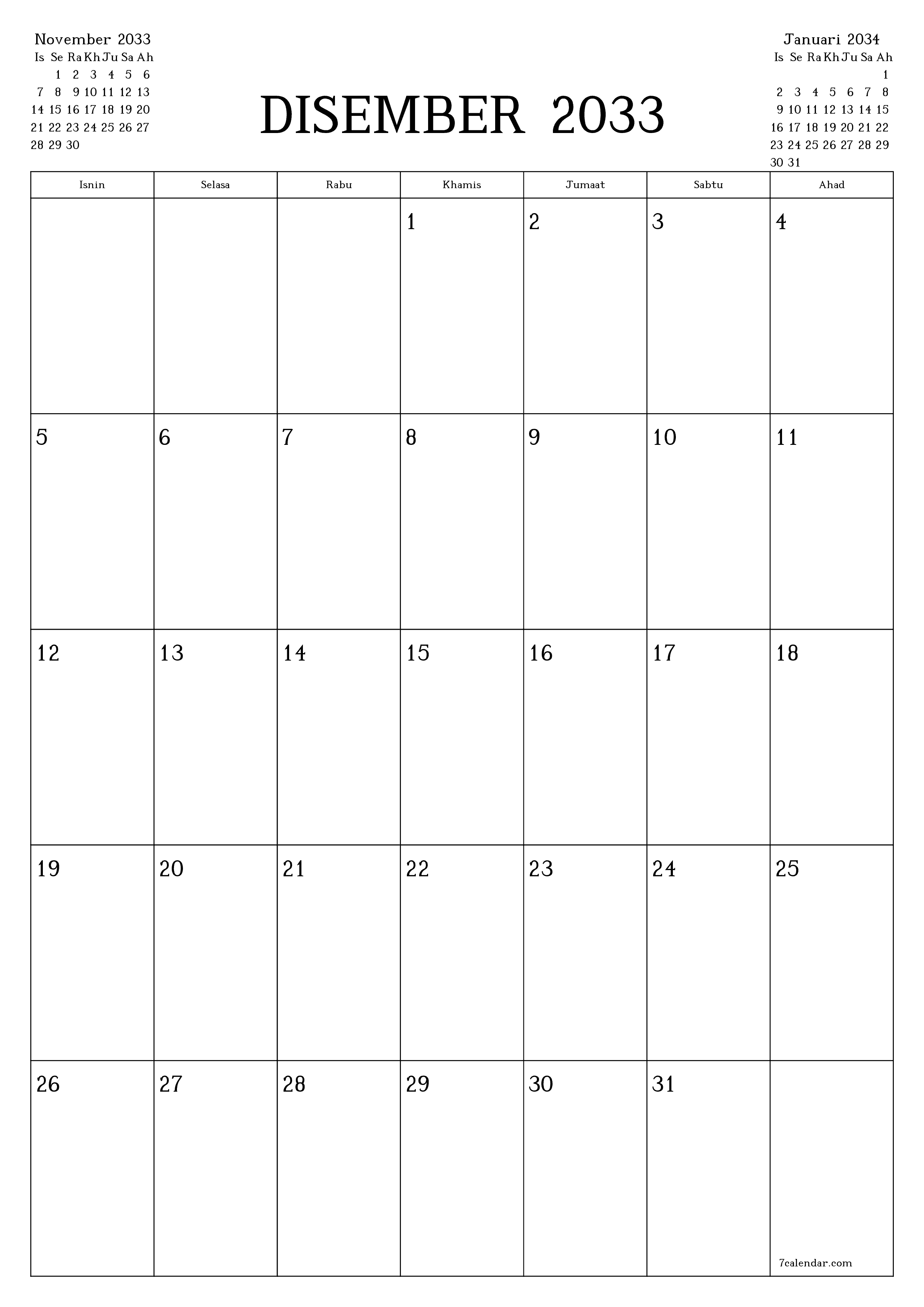  boleh cetak dinding templat percumamenegak Bulanan perancang kalendar Disember (Dis) 2033