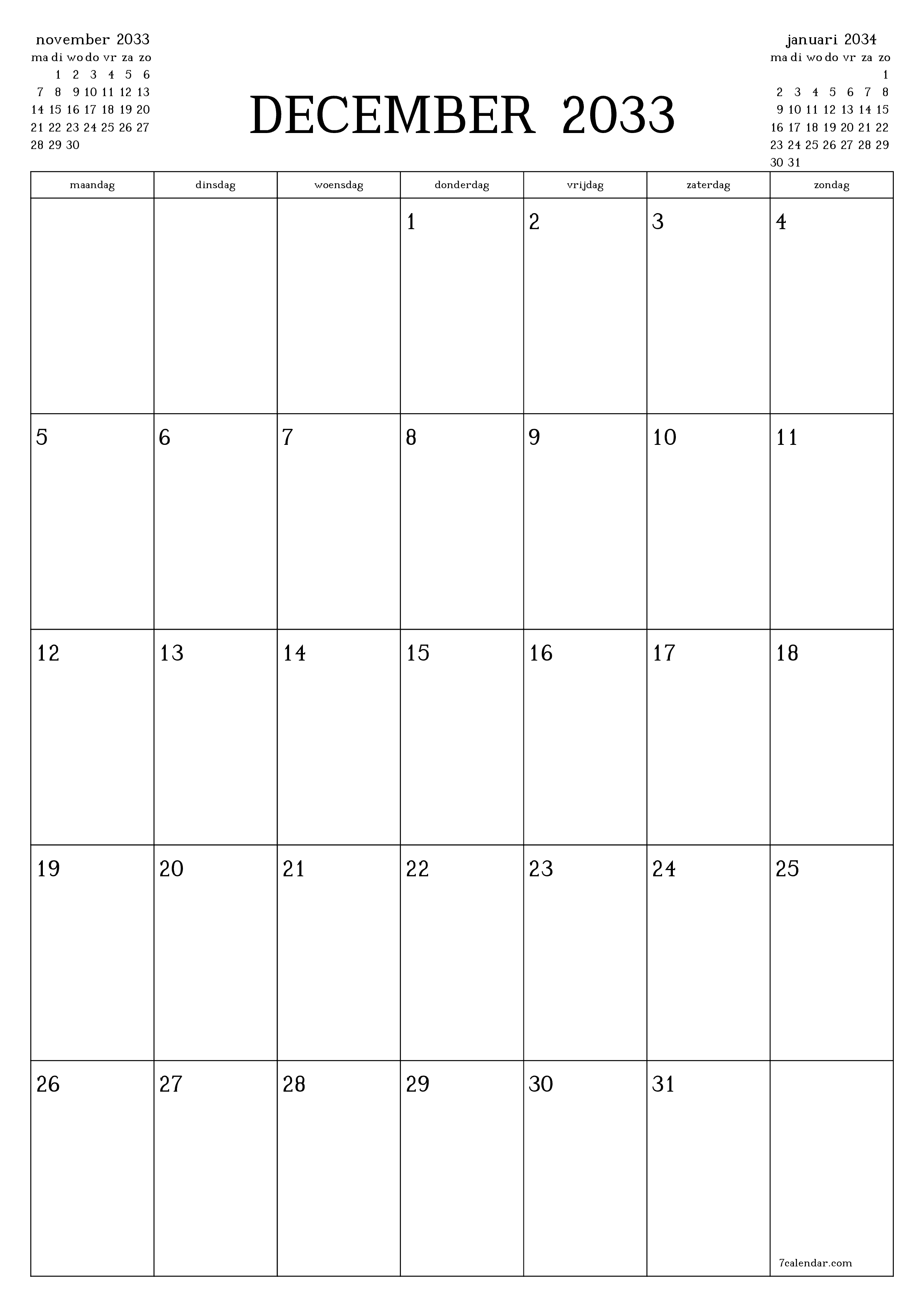 afdrukbare muur sjabloon gratis verticaal Maandelijks planner kalender december (dec) 2033