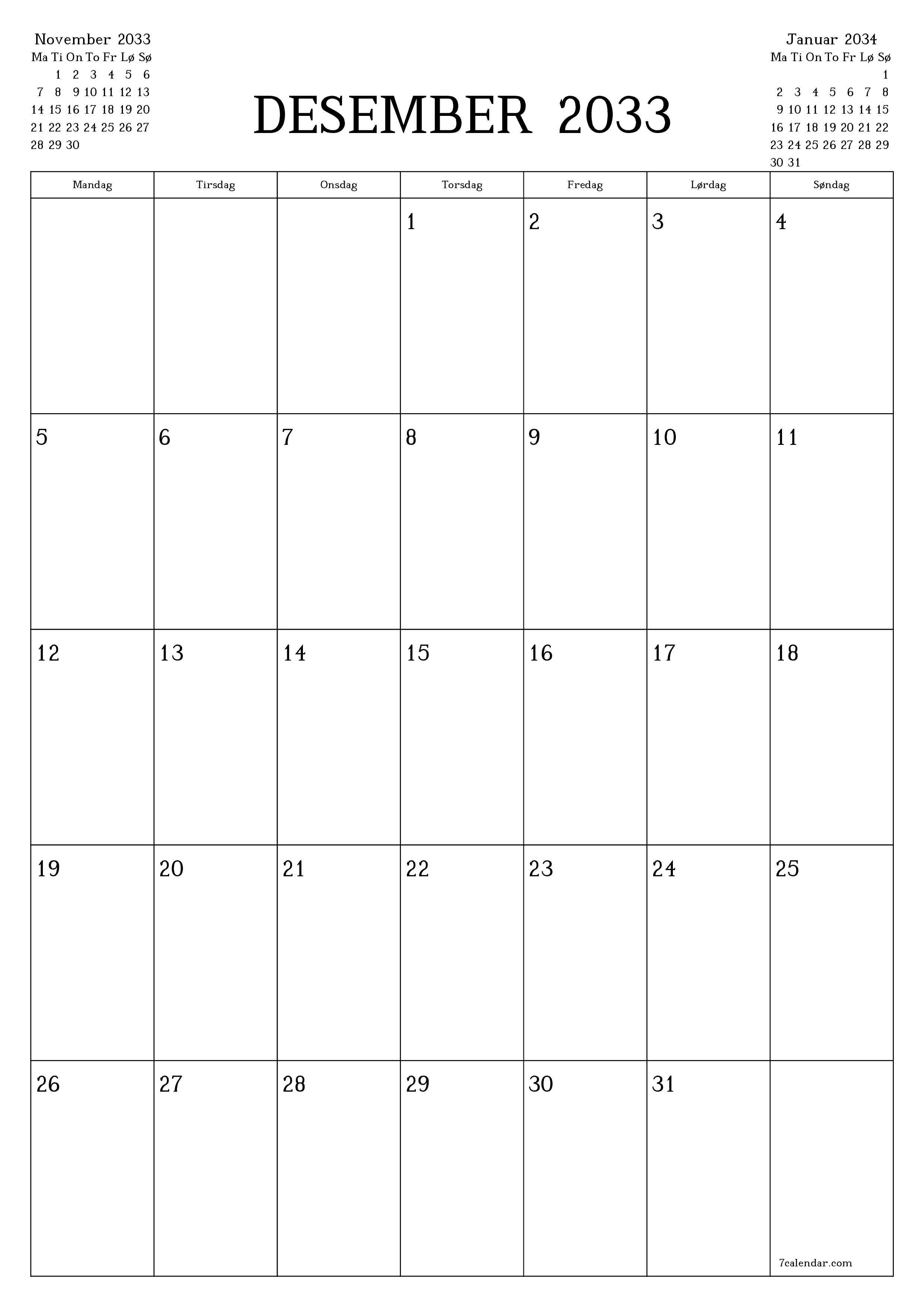 utskrivbar vegg mal gratis vertikal Månedlig planlegger kalender Desember (Des) 2033