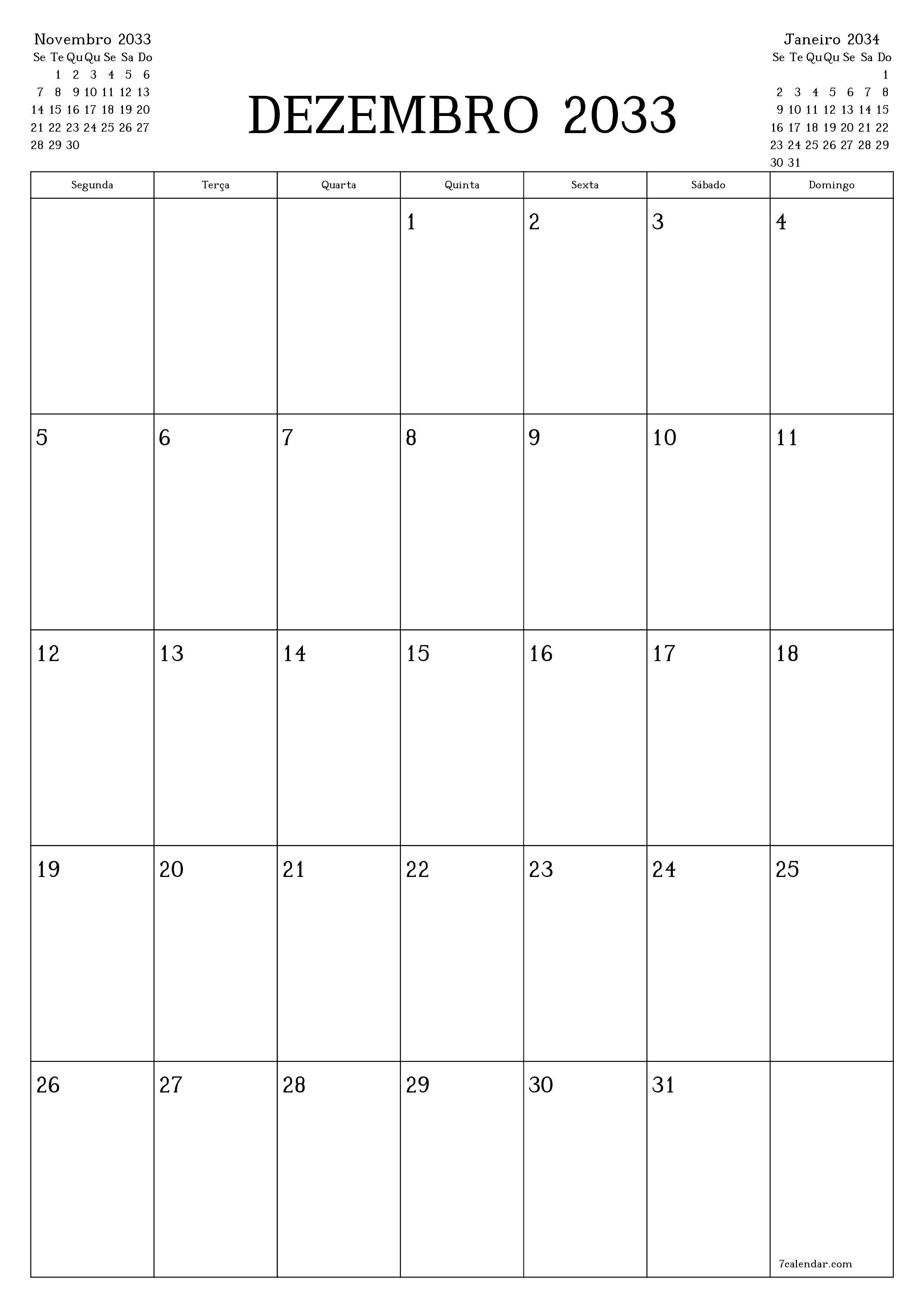  para impressão de parede modelo de grátisvertical Mensal planejador calendário Dezembro (Dez) 2033
