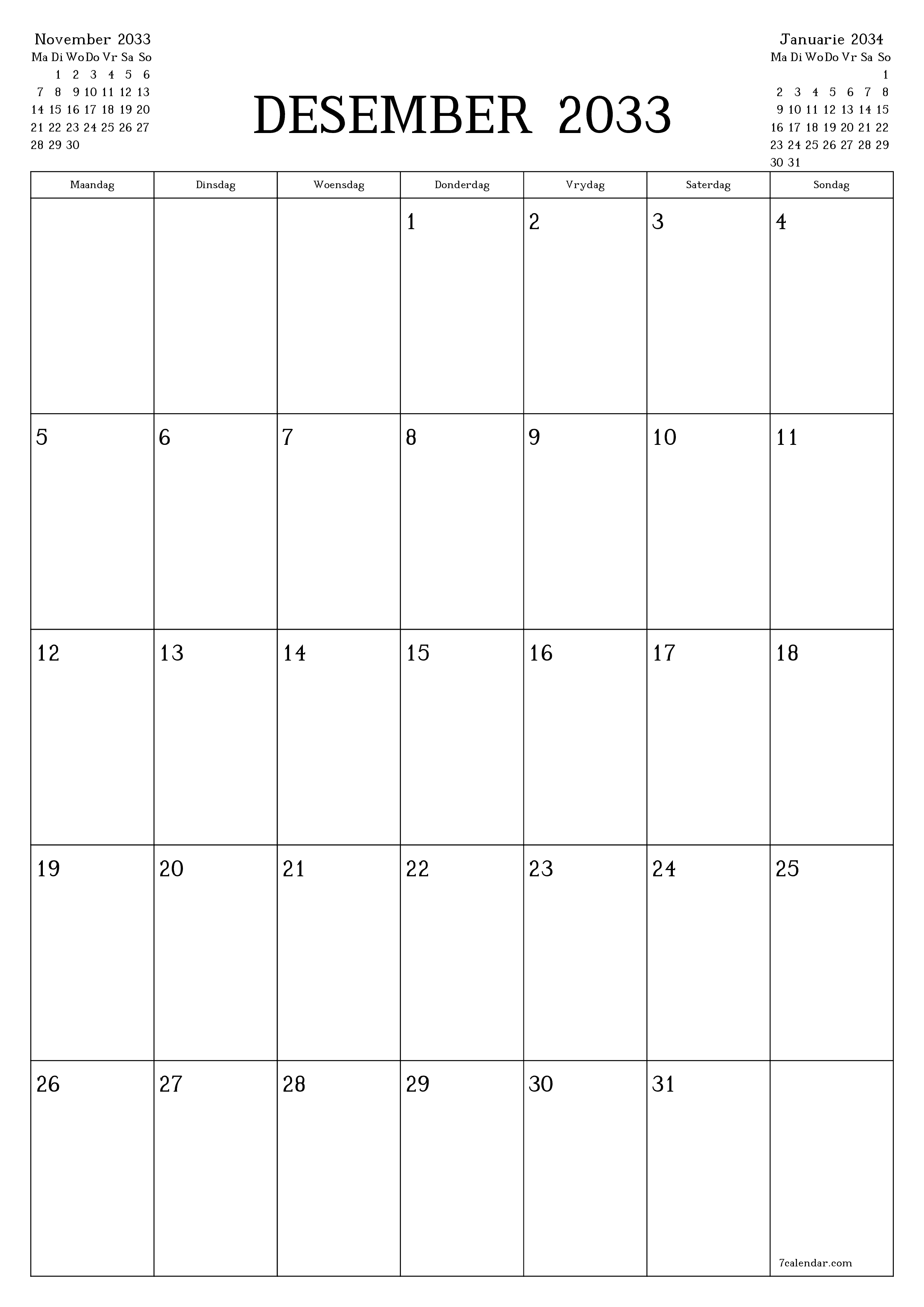 drukbare muur template gratis vertikaal Maandeliks beplanner kalender Desember (Des) 2033