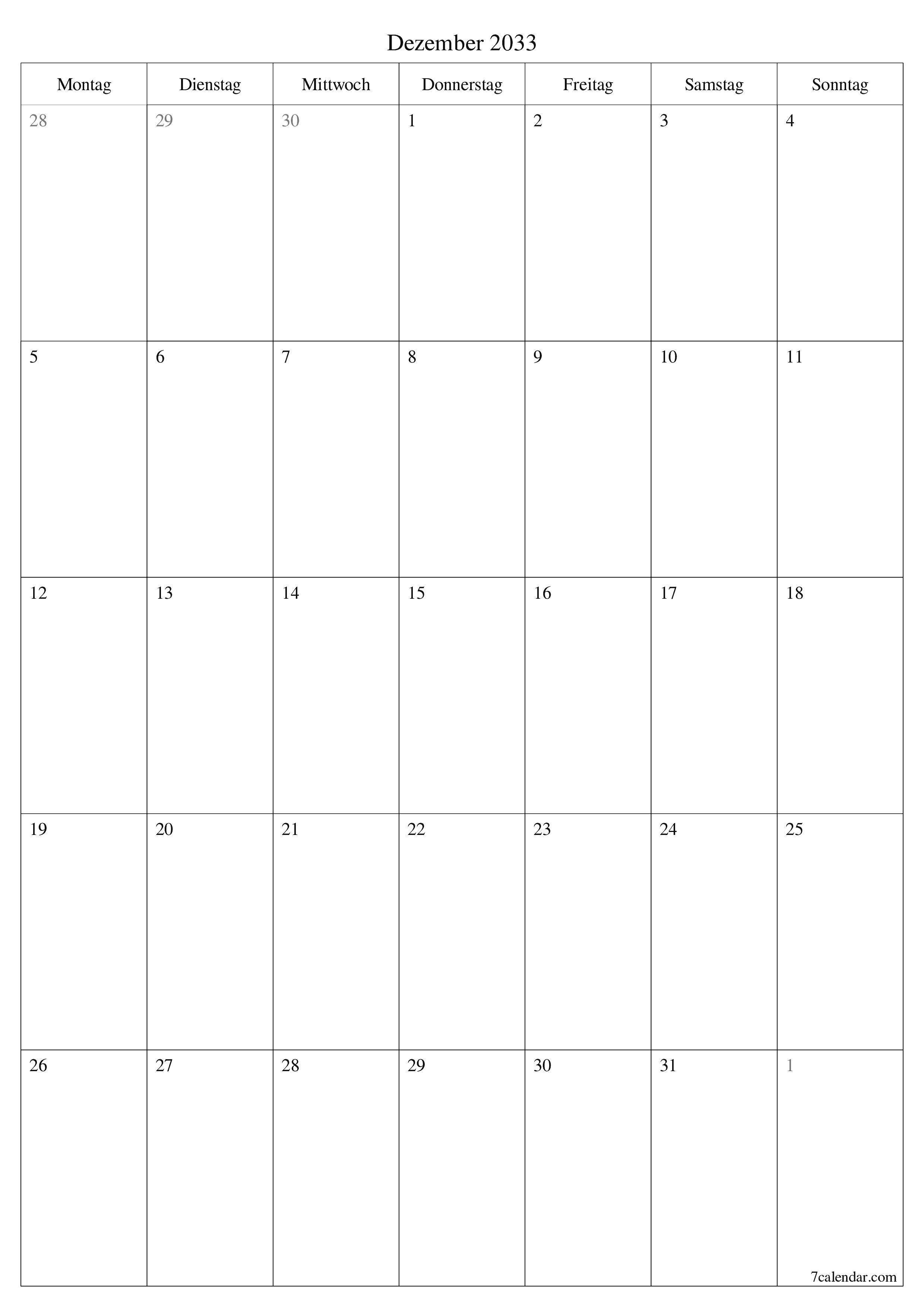  zum Ausdrucken Wandkalender vorlage kostenloser vertikal Monatlich Planer Kalender Dezember (Dez) 2033
