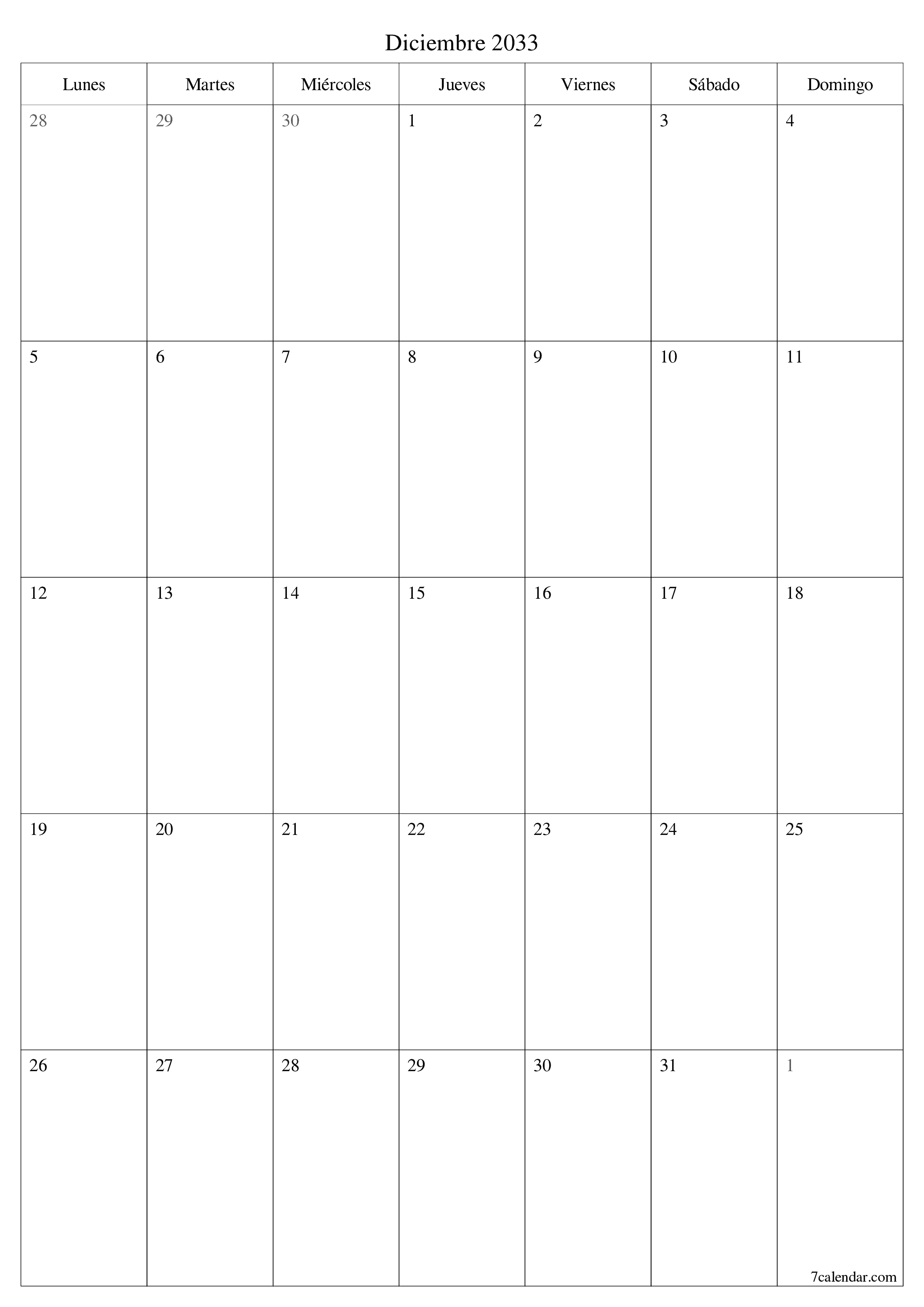  imprimible de pared plantilla de gratisvertical Mensual planificador calendario Diciembre (Dic) 2033