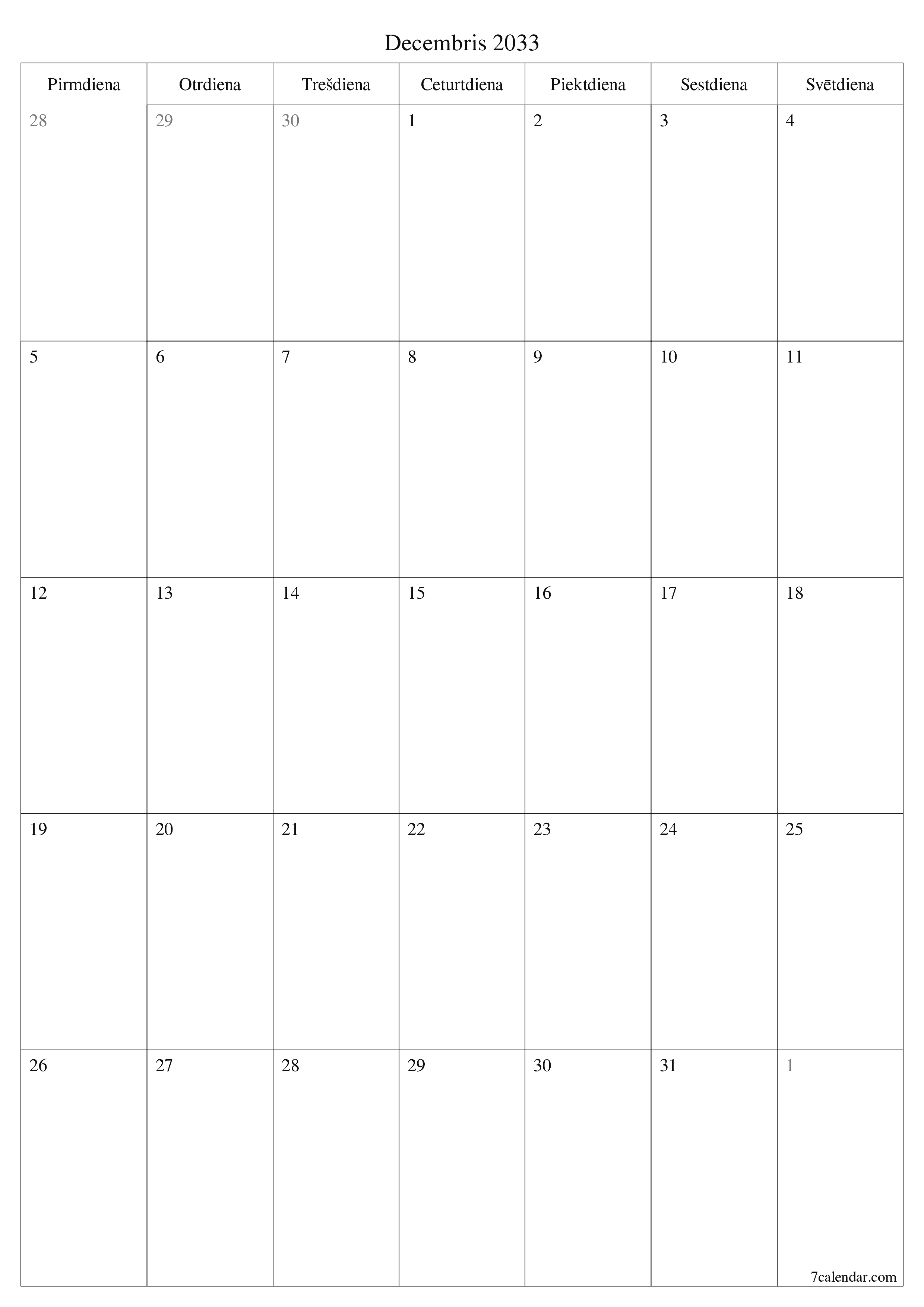 izdrukājams sienas kalendāra veidne bezmaksas vertikāli Mēneša plānotājs kalendārs Decembris (Dec) 2033