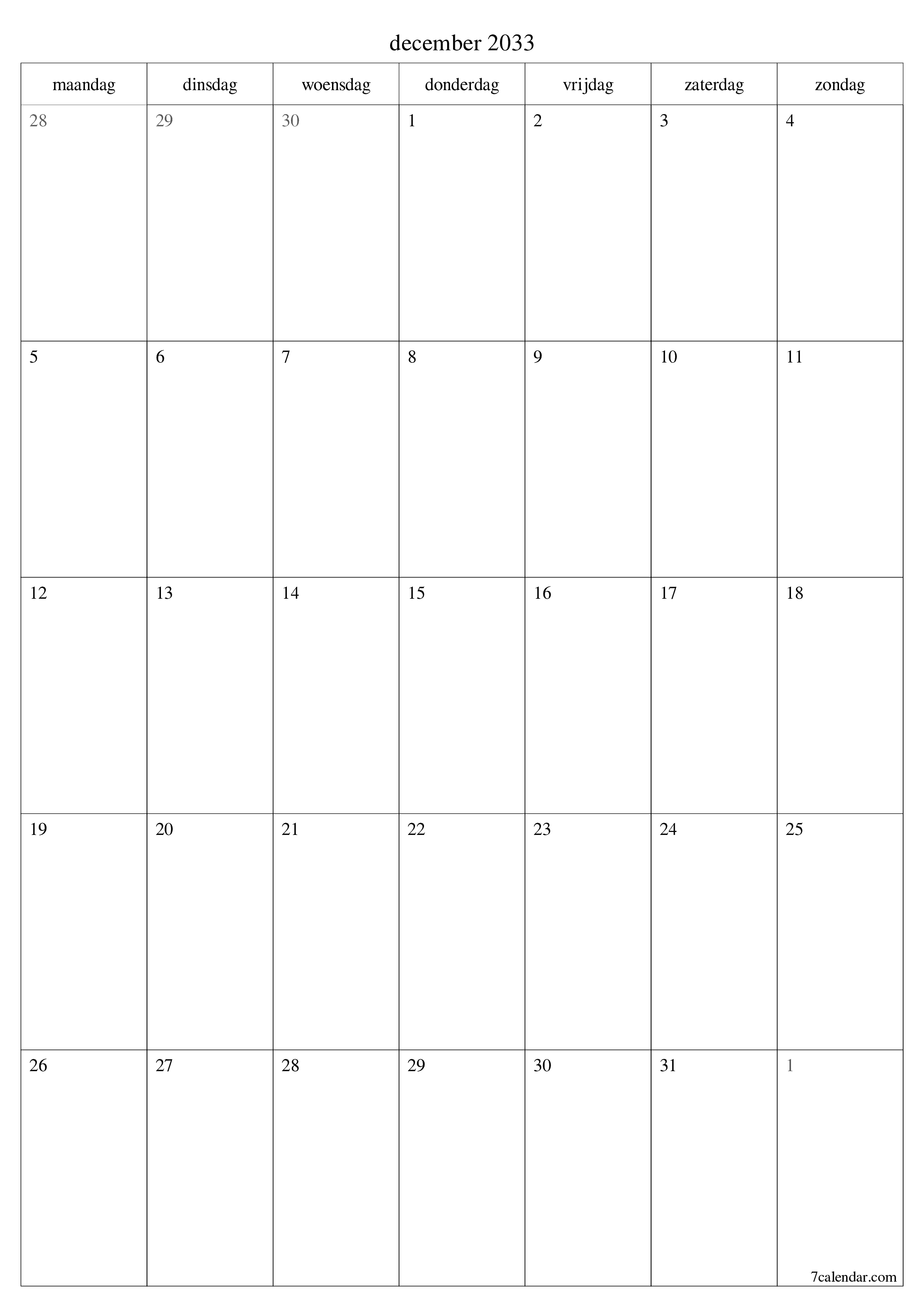 afdrukbare muur sjabloon gratis verticaal Maandelijks planner kalender december (dec) 2033
