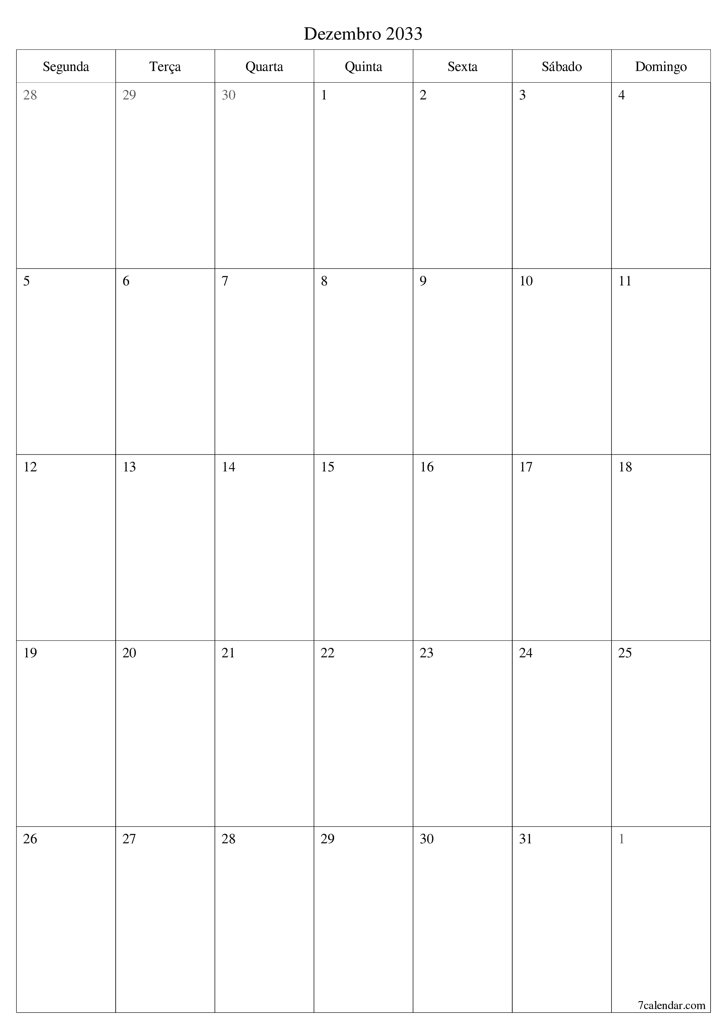  para impressão de parede modelo de grátisvertical Mensal planejador calendário Dezembro (Dez) 2033