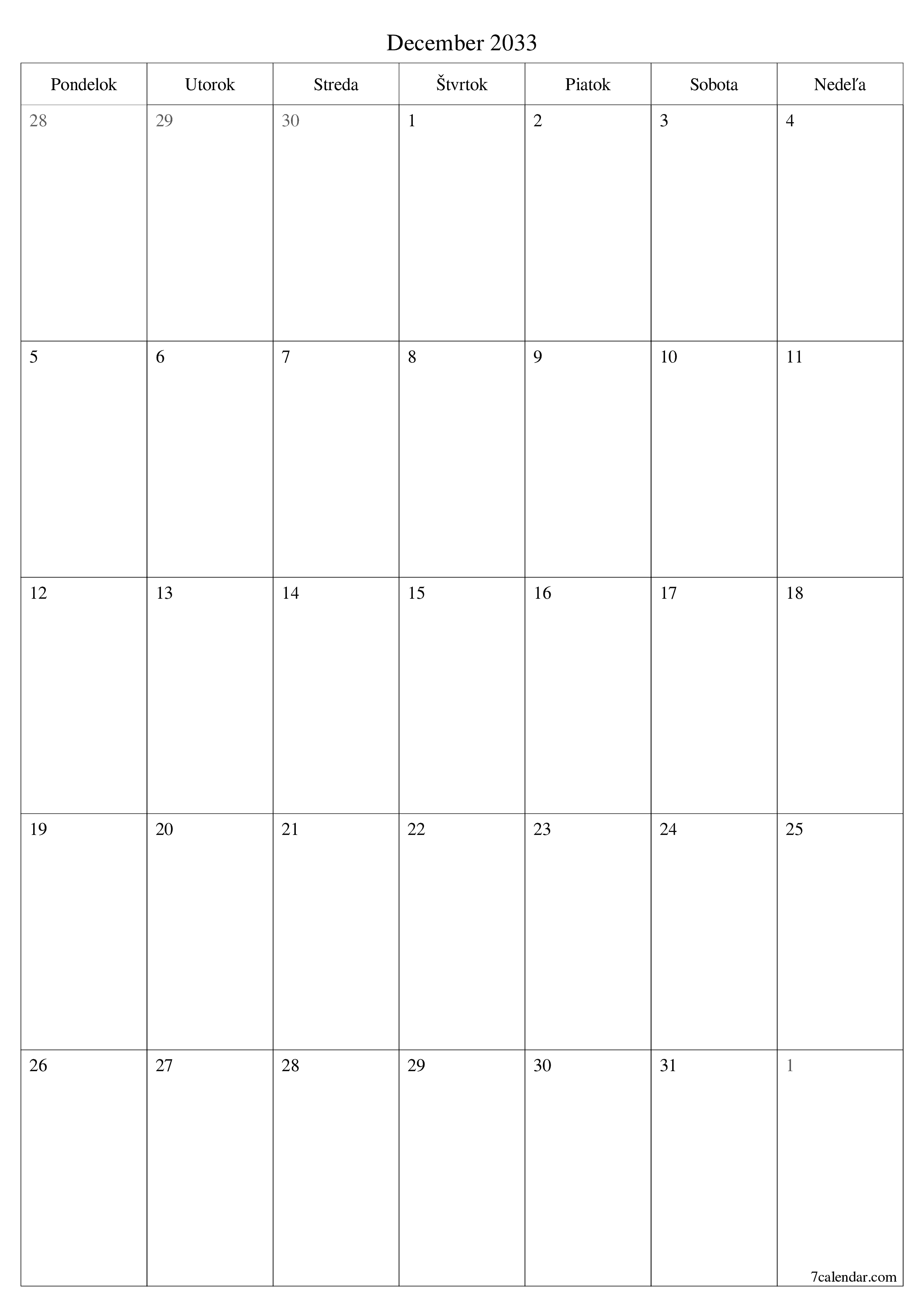vytlačiteľný nástenný šablóna a bezplatný вертикальный Mesačne plánovač kalendár December (Dec) 2033