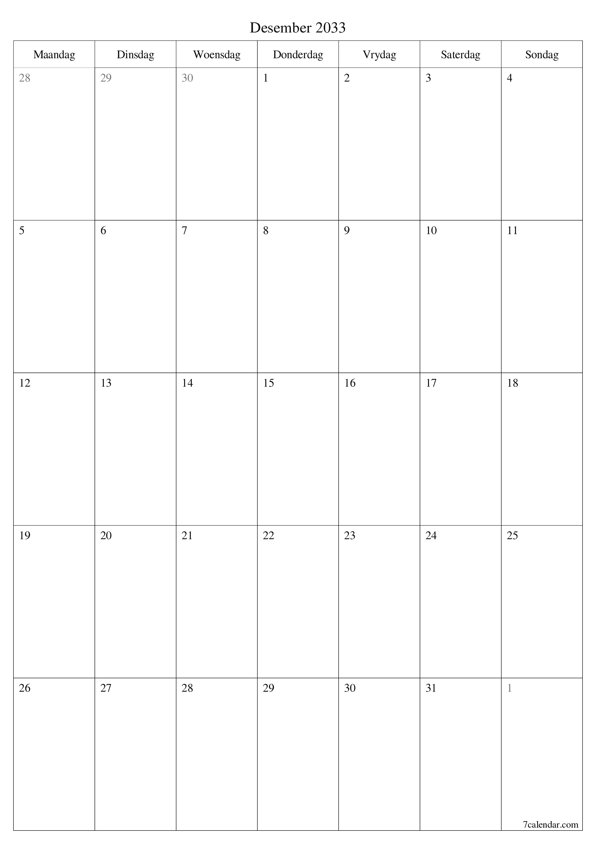 drukbare muur template gratis vertikaal Maandeliks beplanner kalender Desember (Des) 2033