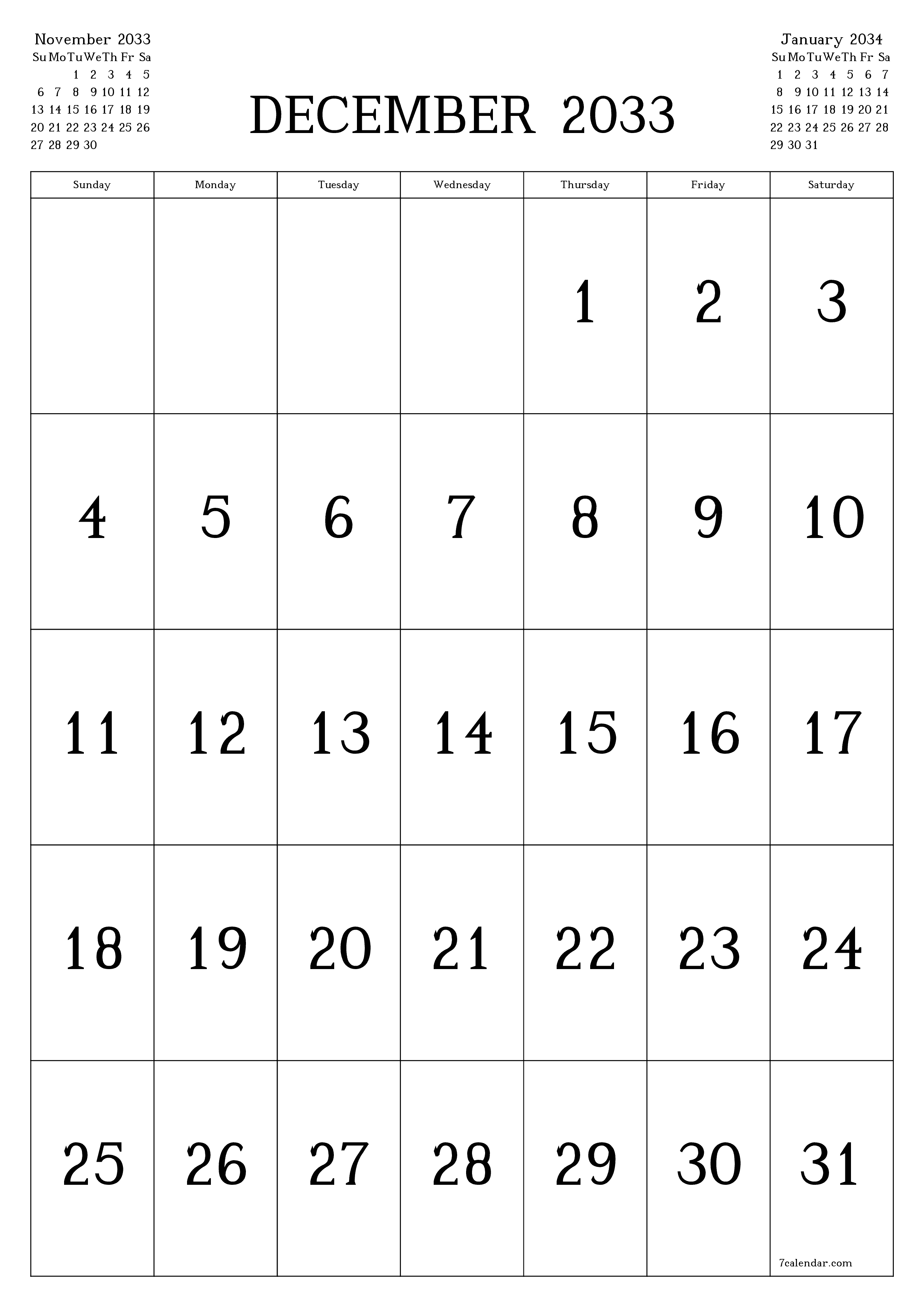 printable wall template free vertical Monthly calendar December (Dec) 2033