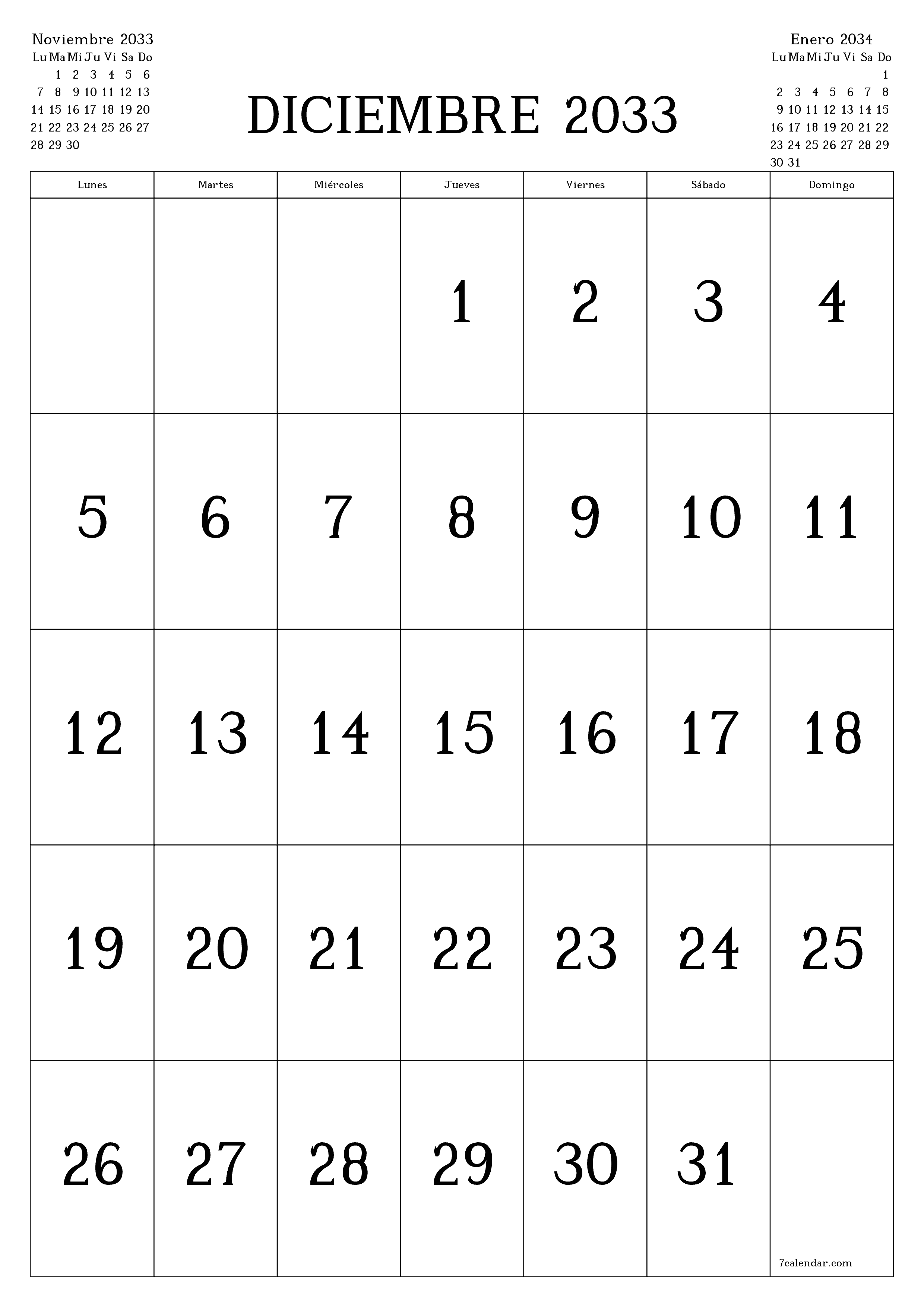  imprimible de pared plantilla de gratisvertical Mensual calendario Diciembre (Dic) 2033