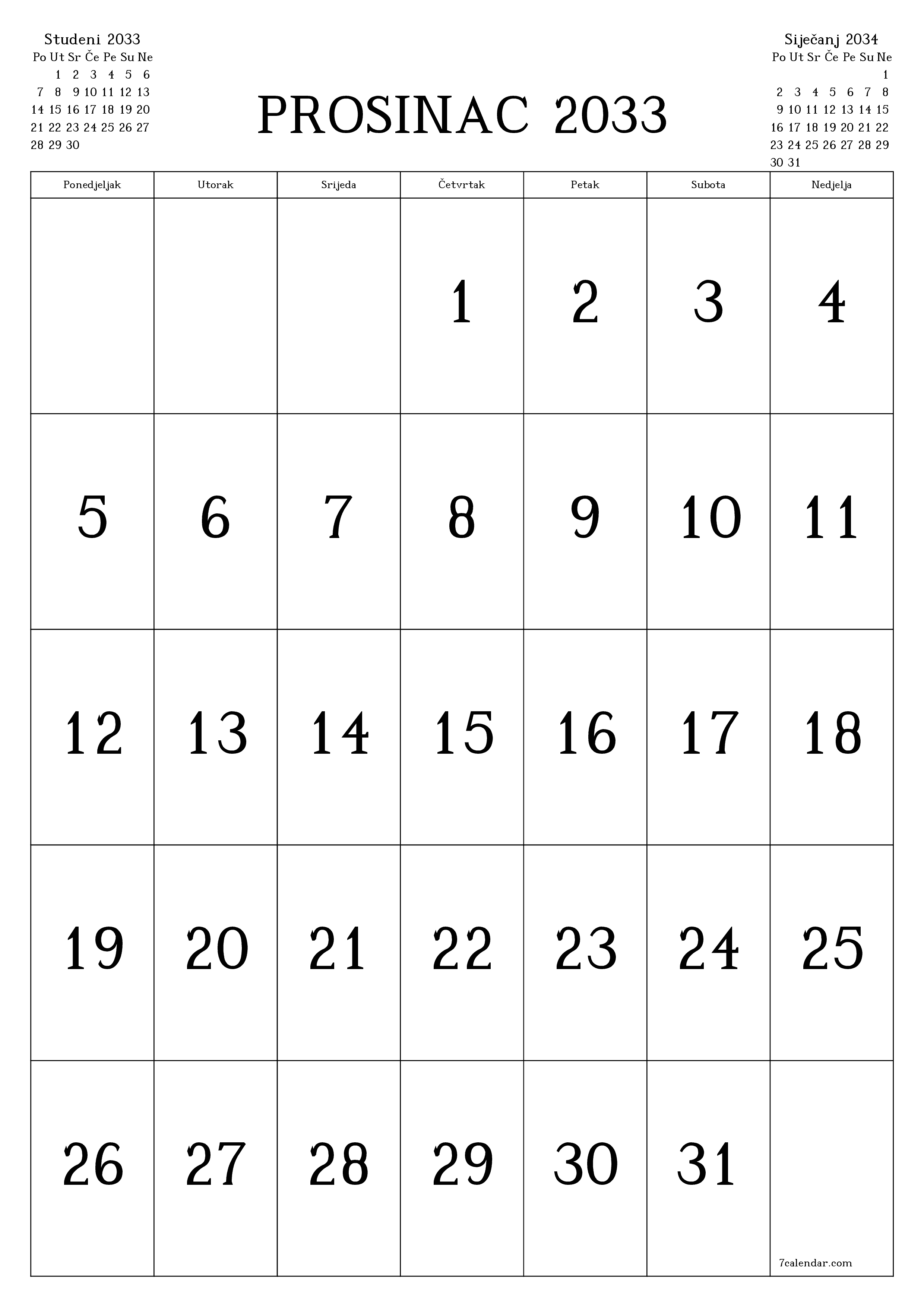  za ispis zidni predložak a besplatni okomito Mjesečni kalendar Prosinac (Pro) 2033
