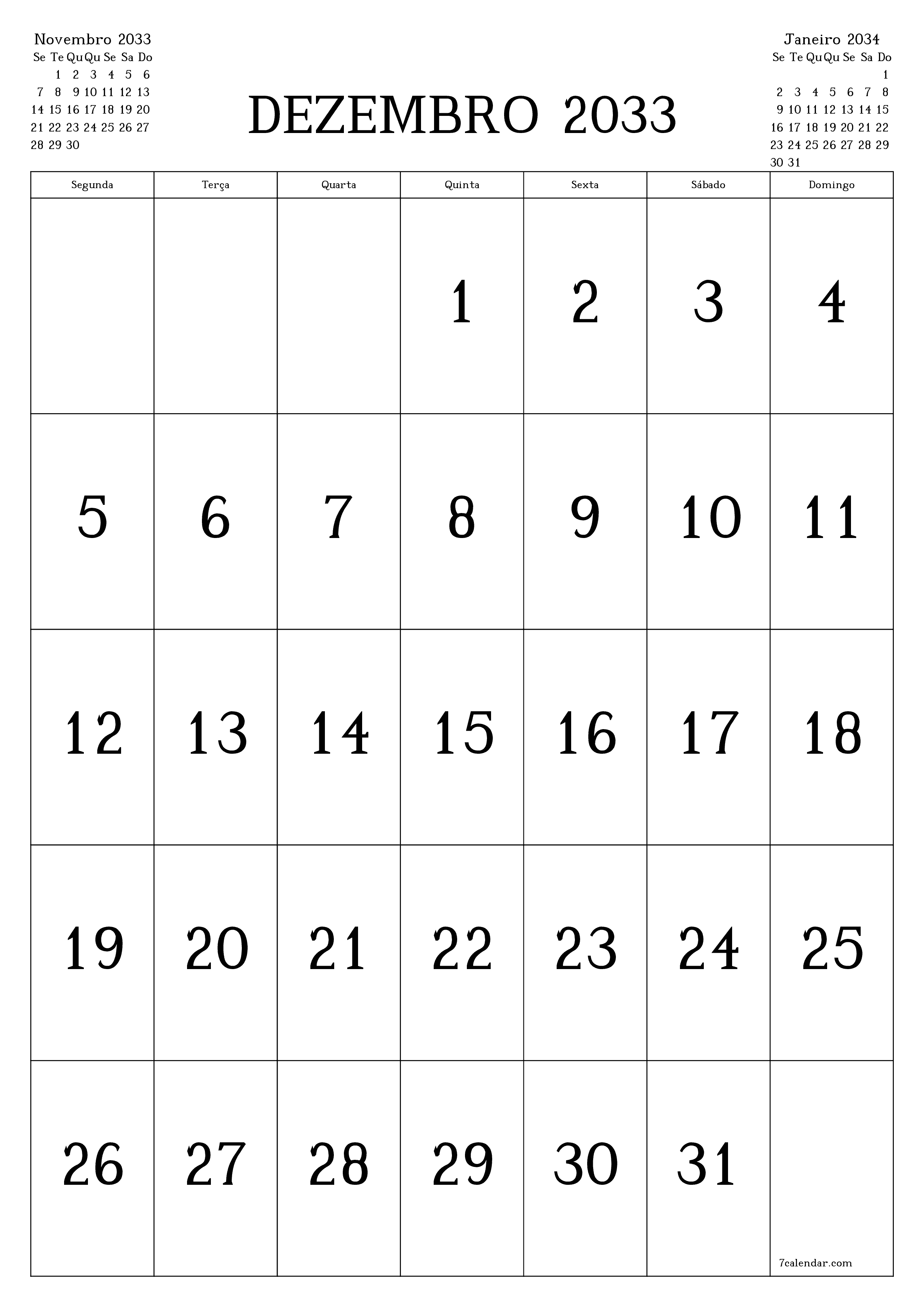  para impressão de parede modelo de grátisvertical Mensal calendário Dezembro (Dez) 2033