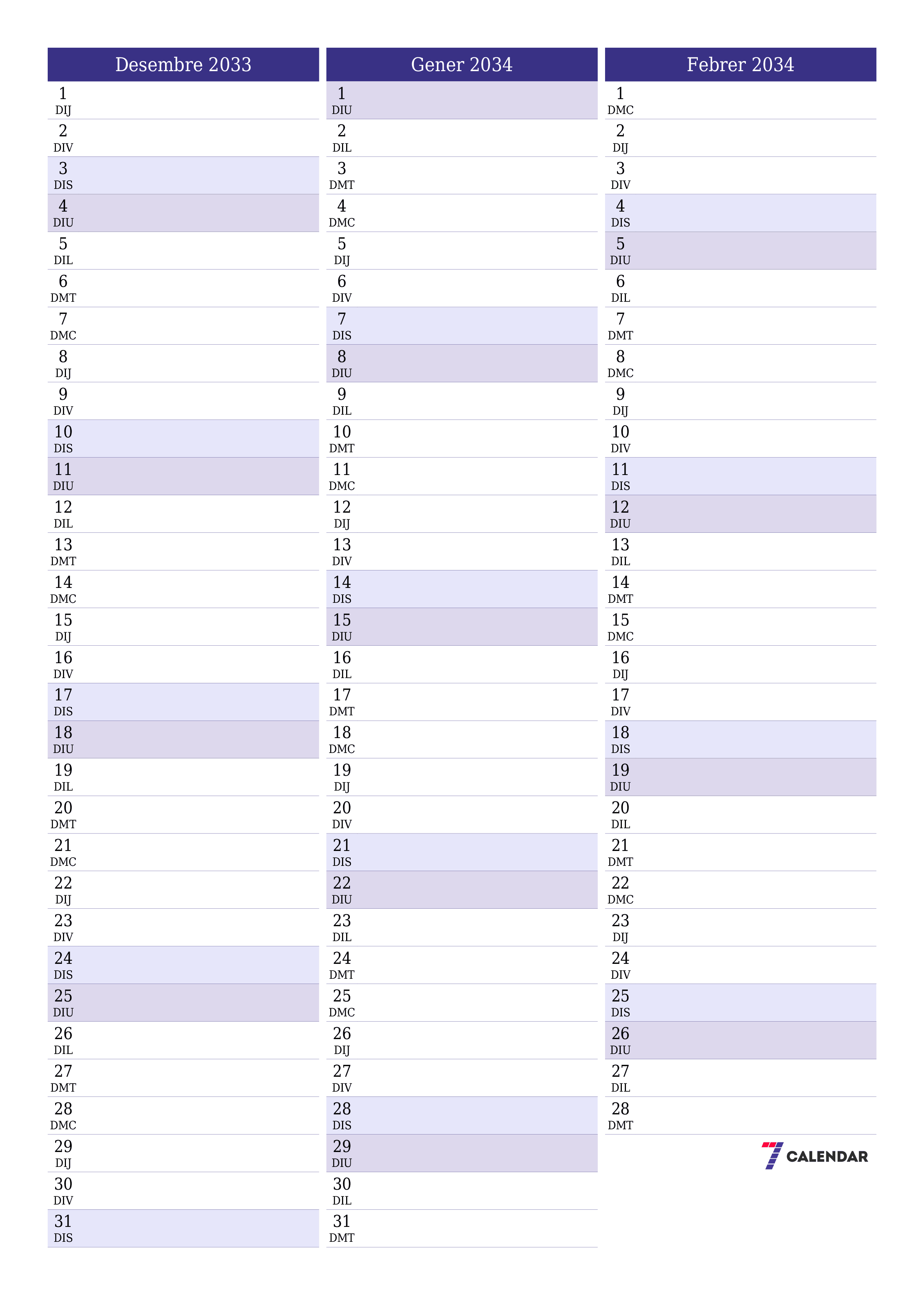  imprimible de paret plantilla de gratuïtvertical Mensual planificador calendari Desembre (Des) 2033