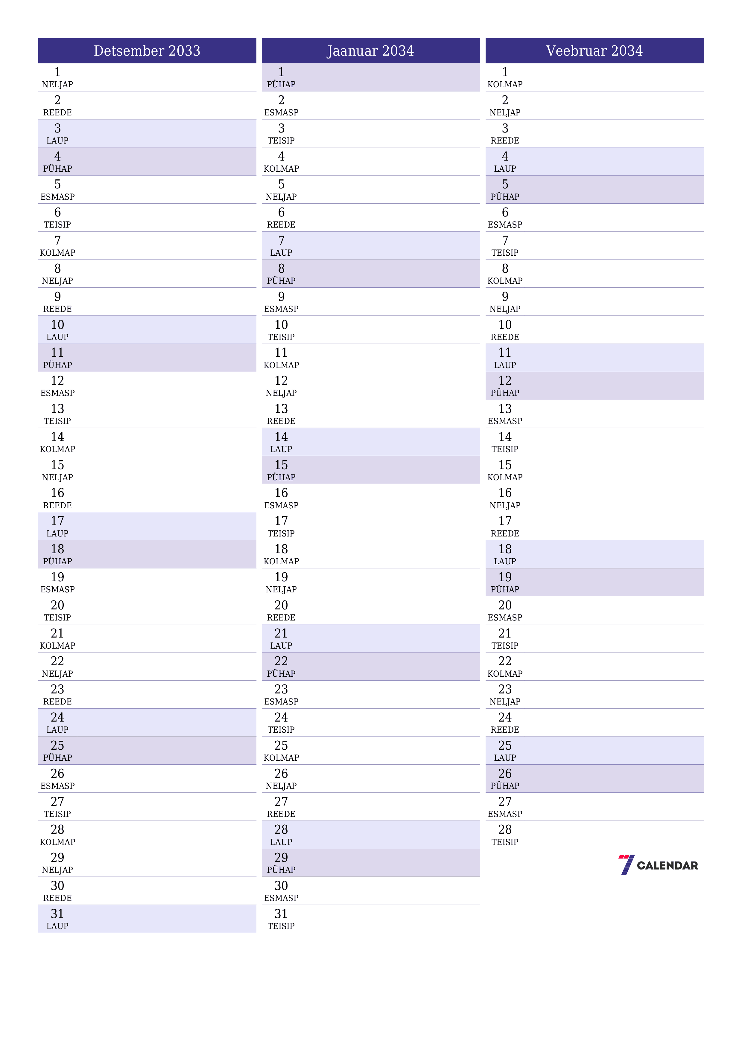 prinditav seina kalendri mall tasuta vertikaalne Igakuine planeerija kalender Detsember (Dets) 2033
