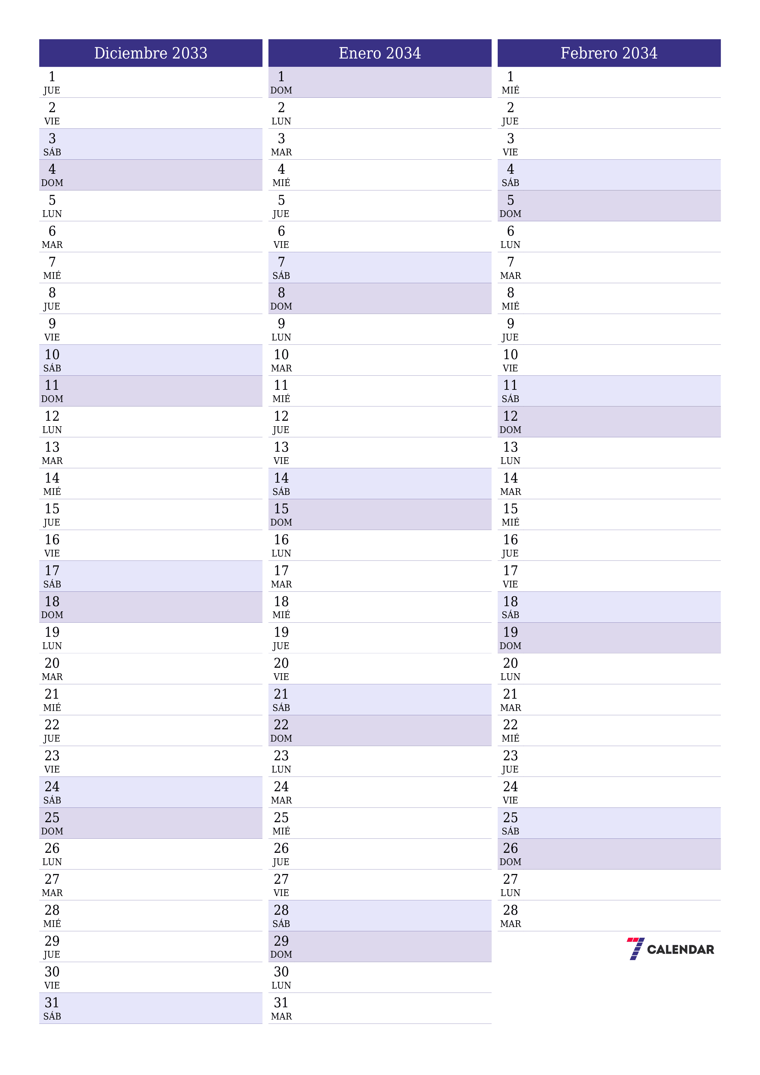  imprimible de pared plantilla de gratisvertical Mensual planificador calendario Diciembre (Dic) 2033