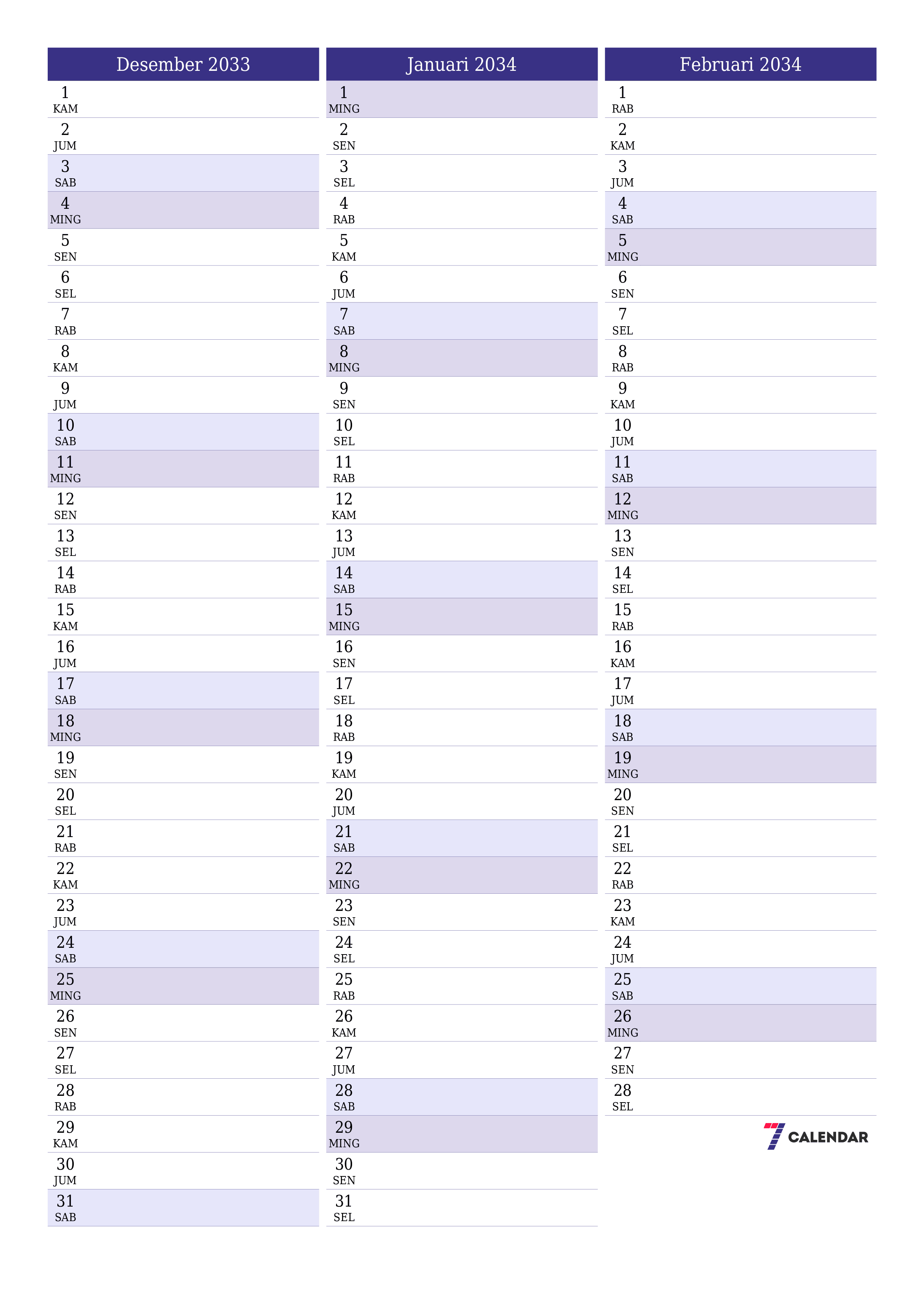  yang dapat dicetak dinding templat gratisvertikal Bulanan perencana kalender Desember (Des) 2033