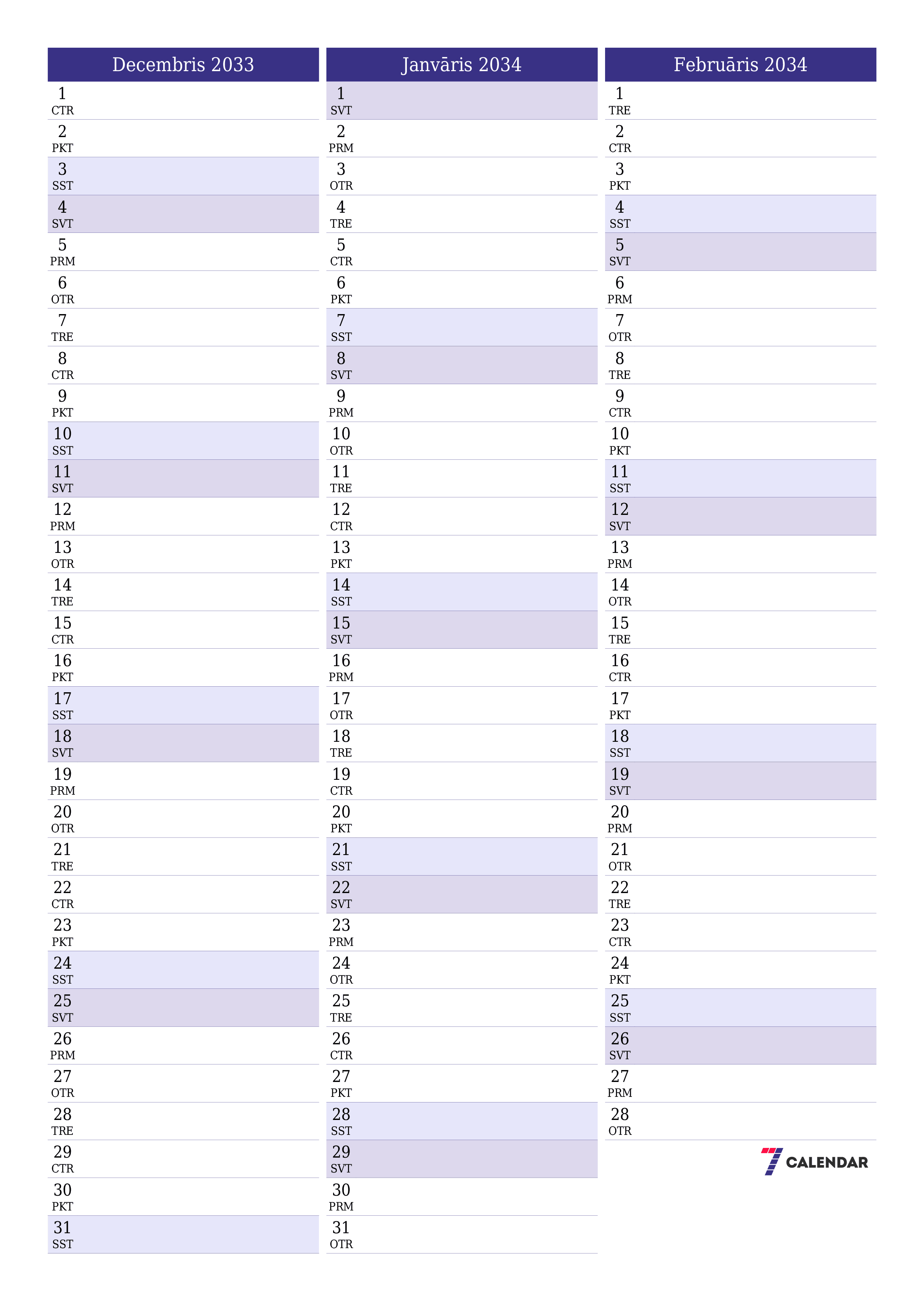 izdrukājams sienas kalendāra veidne bezmaksas vertikāli Mēneša plānotājs kalendārs Decembris (Dec) 2033