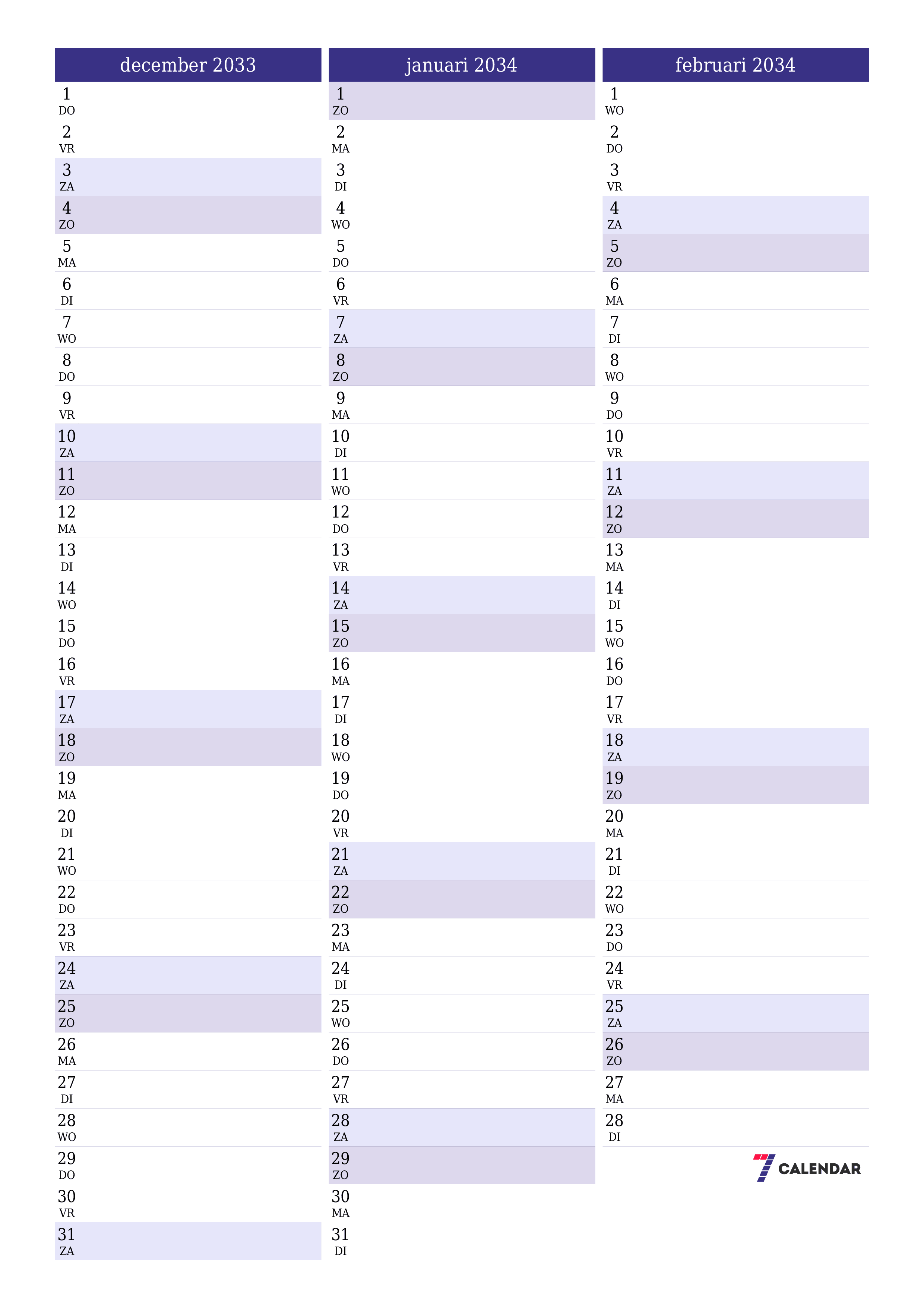 afdrukbare muur sjabloon gratis verticaal Maandelijks planner kalender december (dec) 2033
