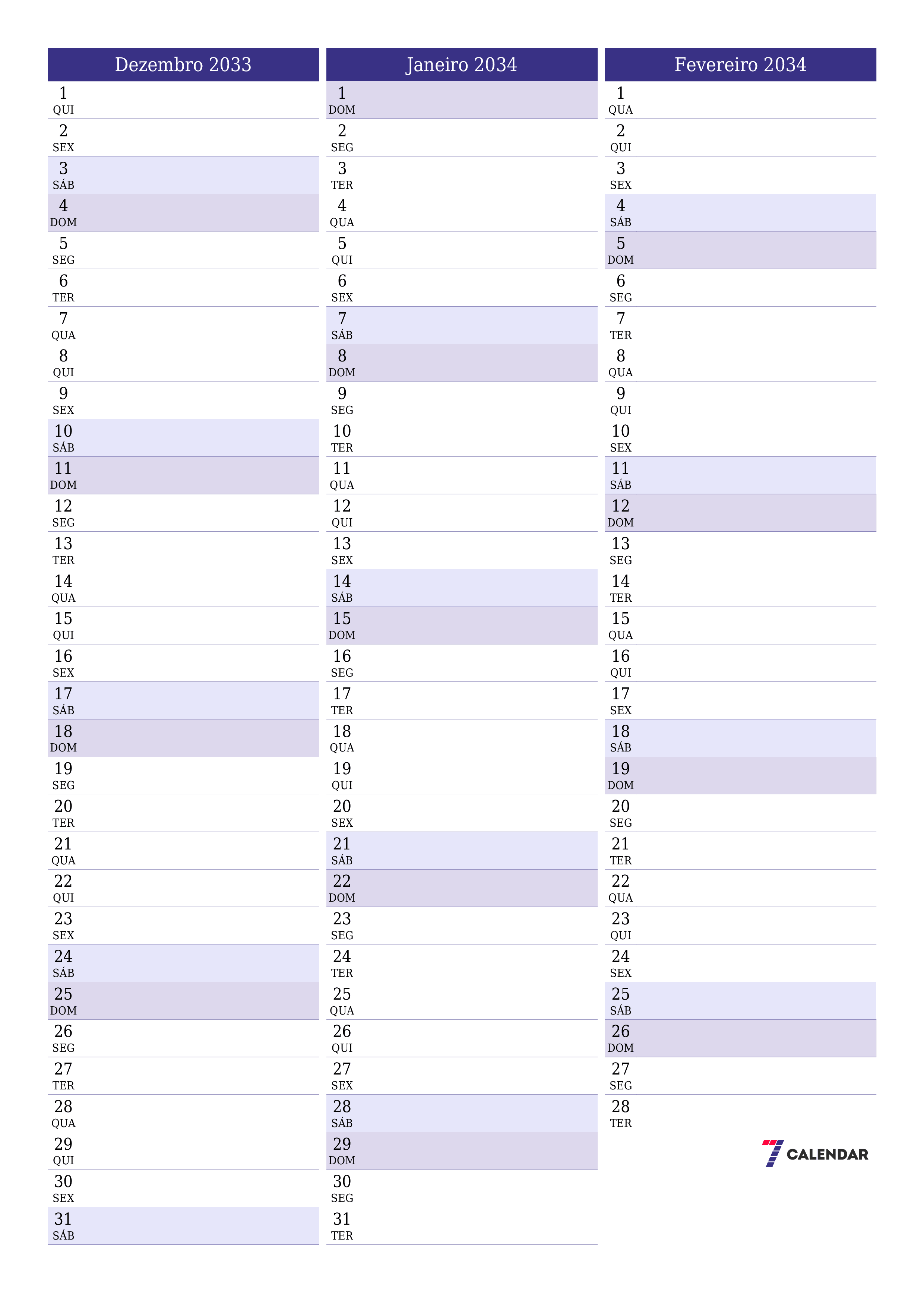  para impressão de parede modelo de grátisvertical Mensal planejador calendário Dezembro (Dez) 2033