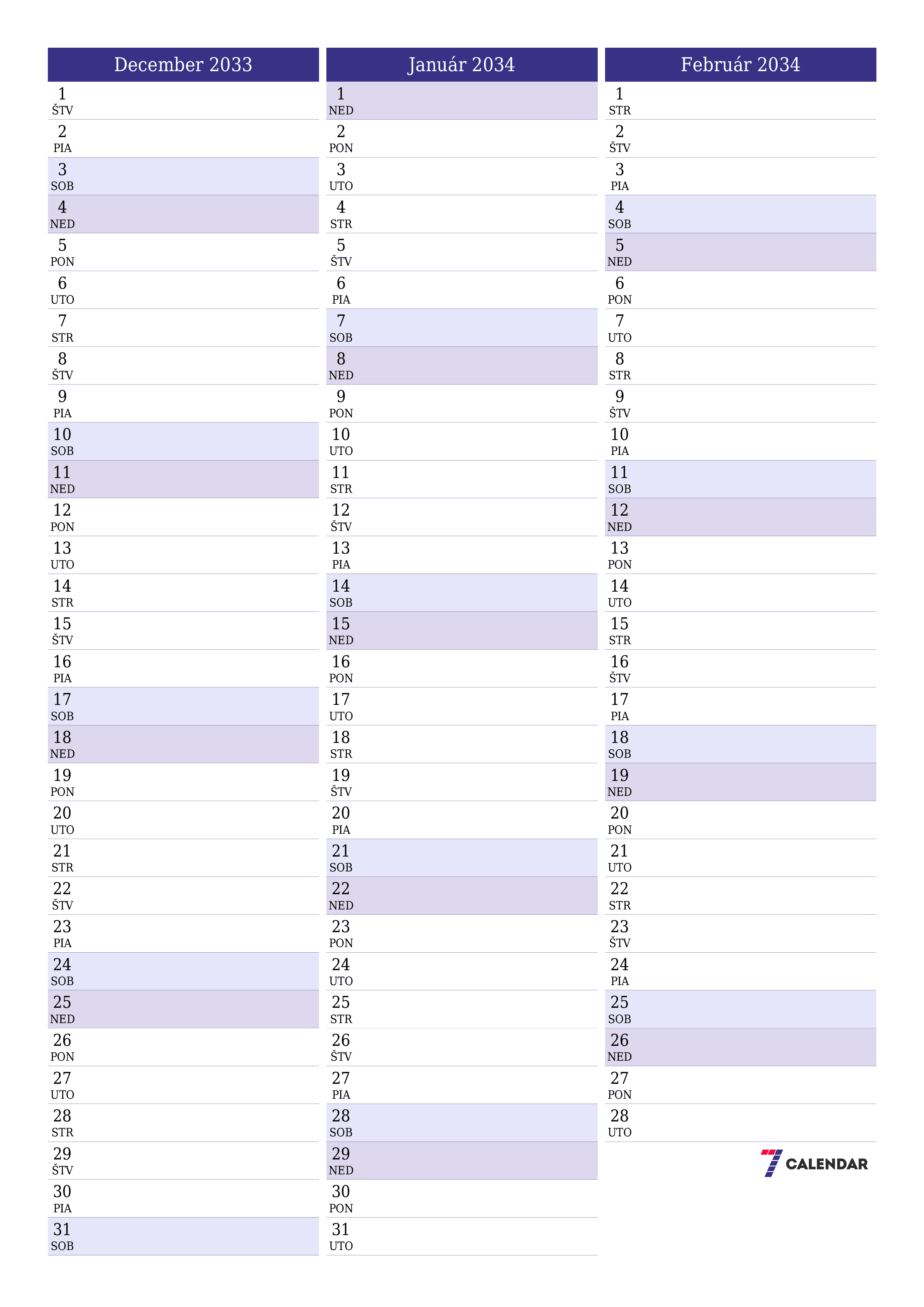 vytlačiteľný nástenný šablóna a bezplatný вертикальный Mesačne plánovač kalendár December (Dec) 2033
