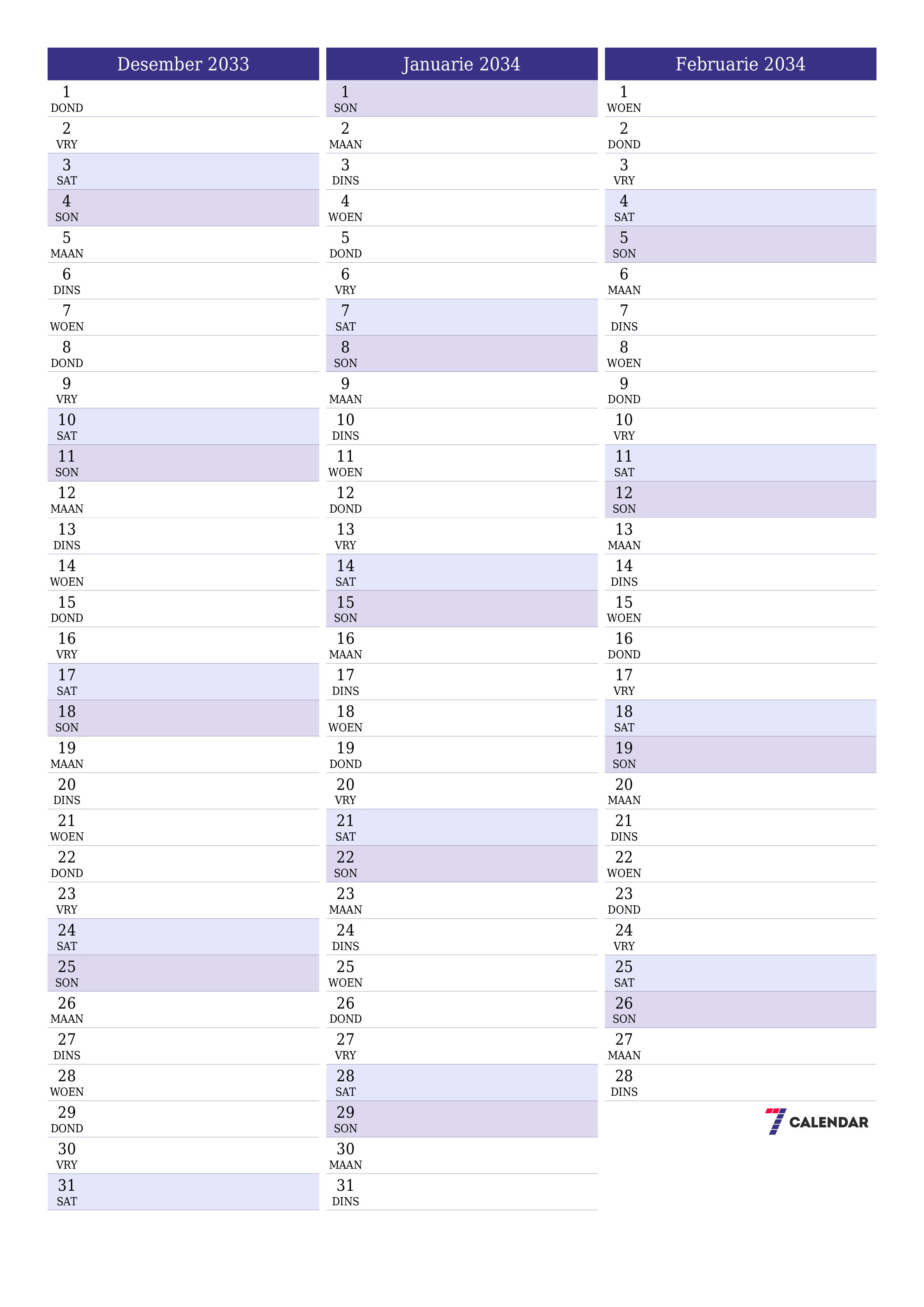 drukbare muur template gratis vertikaal Maandeliks beplanner kalender Desember (Des) 2033