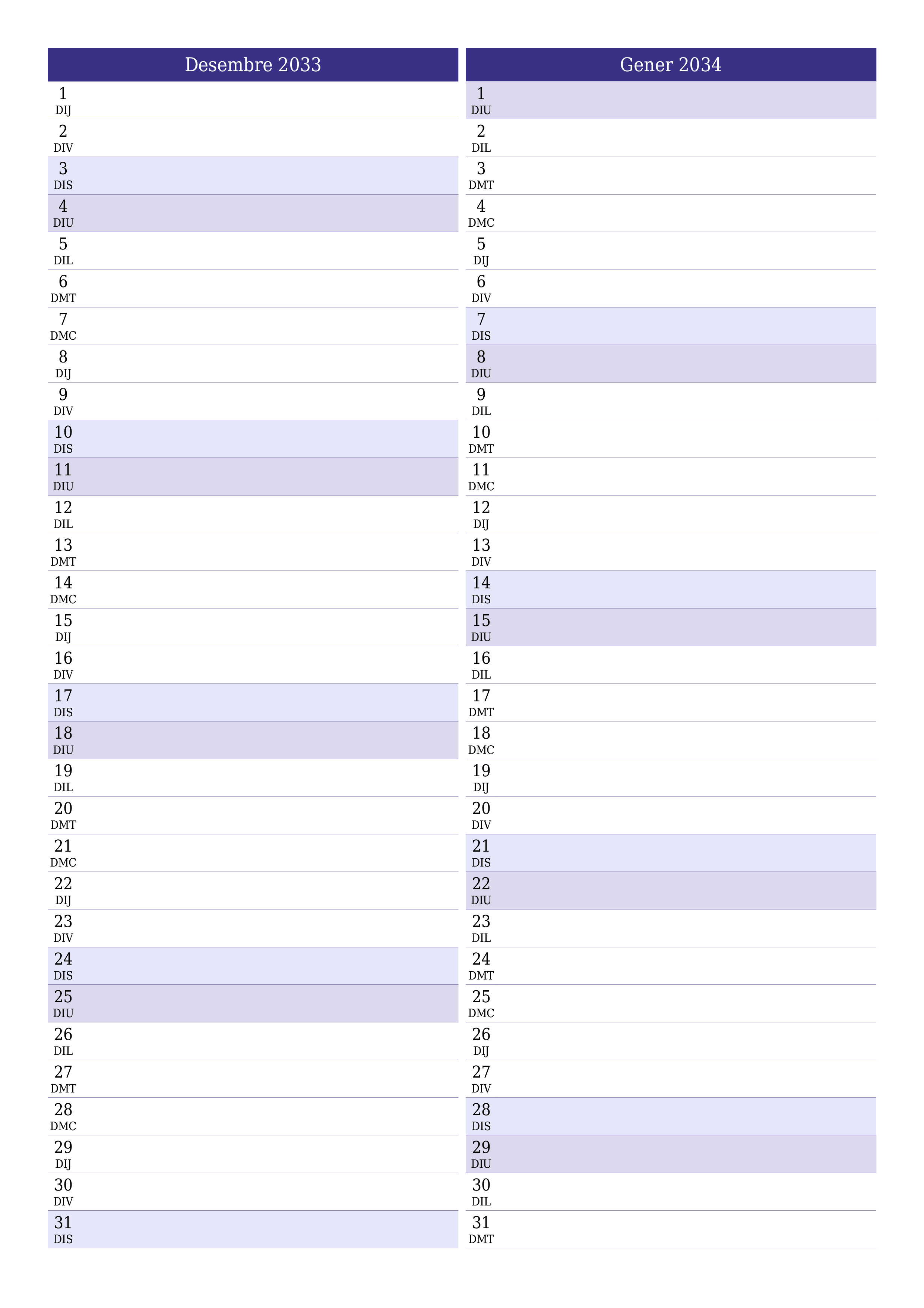  imprimible de paret plantilla de gratuïtvertical Mensual planificador calendari Desembre (Des) 2033