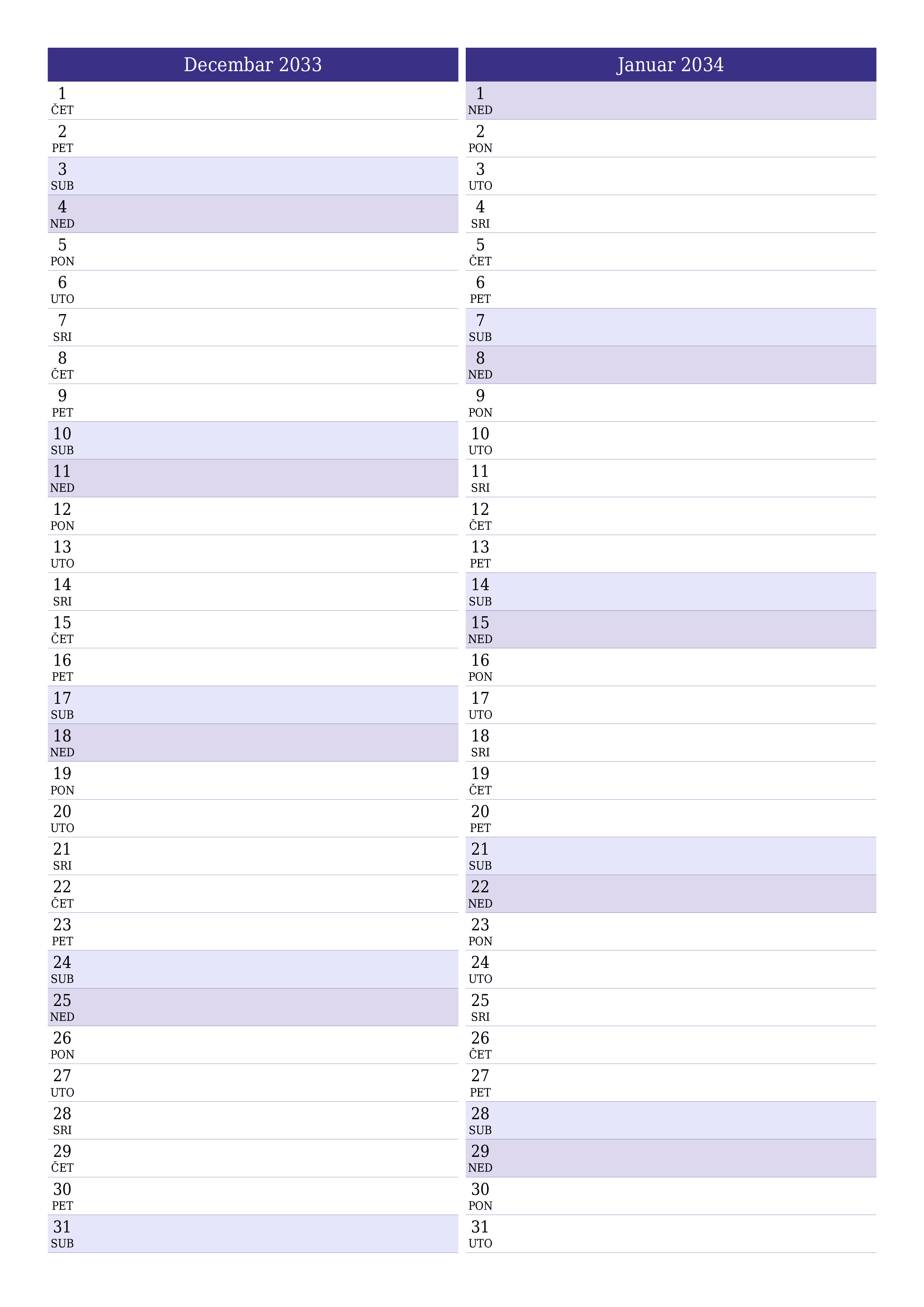  za štampanje zidni šablon a besplatni vertikalno Mjesečno planer kalendar Decembar (Dec) 2033