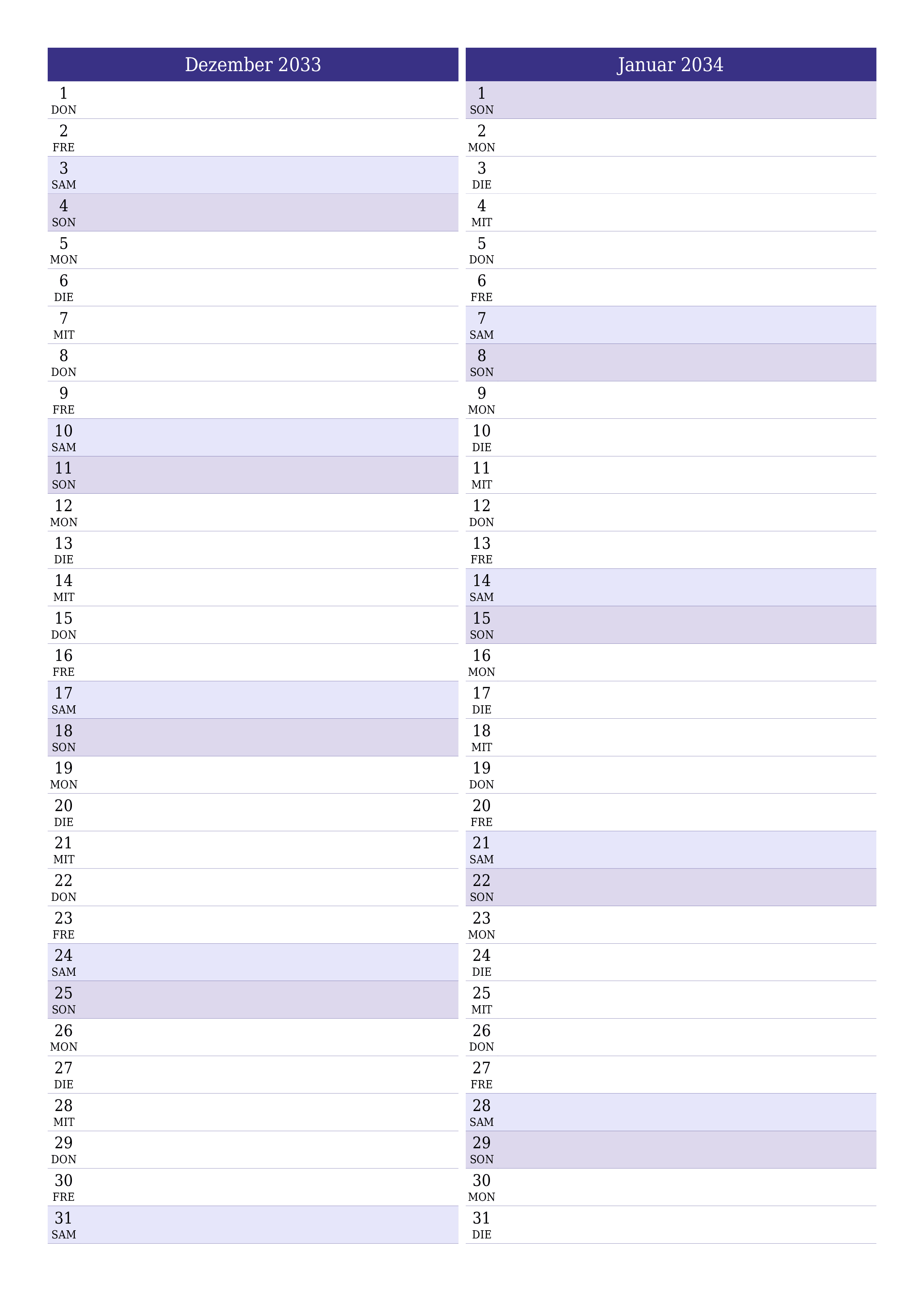  zum Ausdrucken Wandkalender vorlage kostenloser vertikal Monatlich Planer Kalender Dezember (Dez) 2033