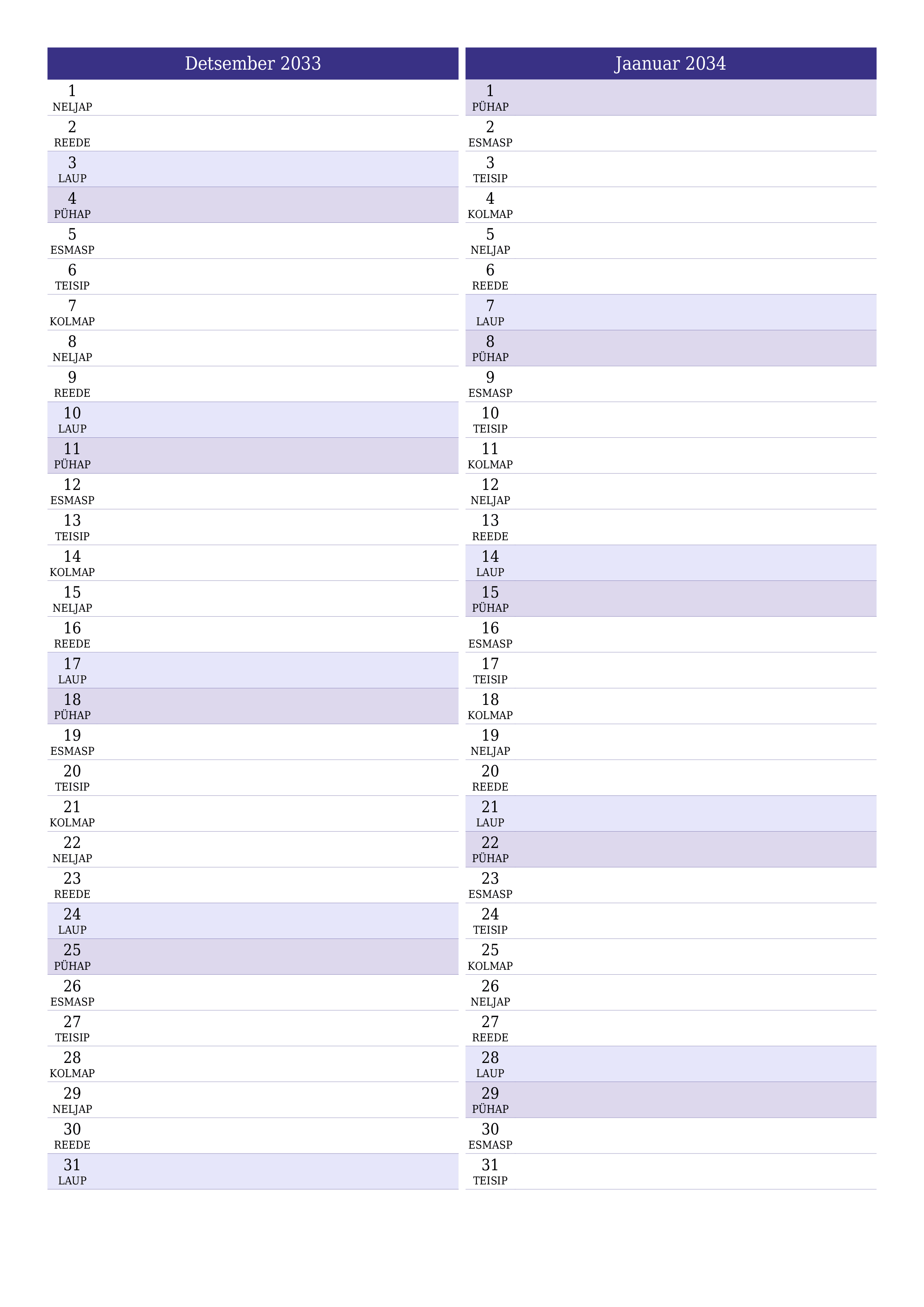 prinditav seina kalendri mall tasuta vertikaalne Igakuine planeerija kalender Detsember (Dets) 2033