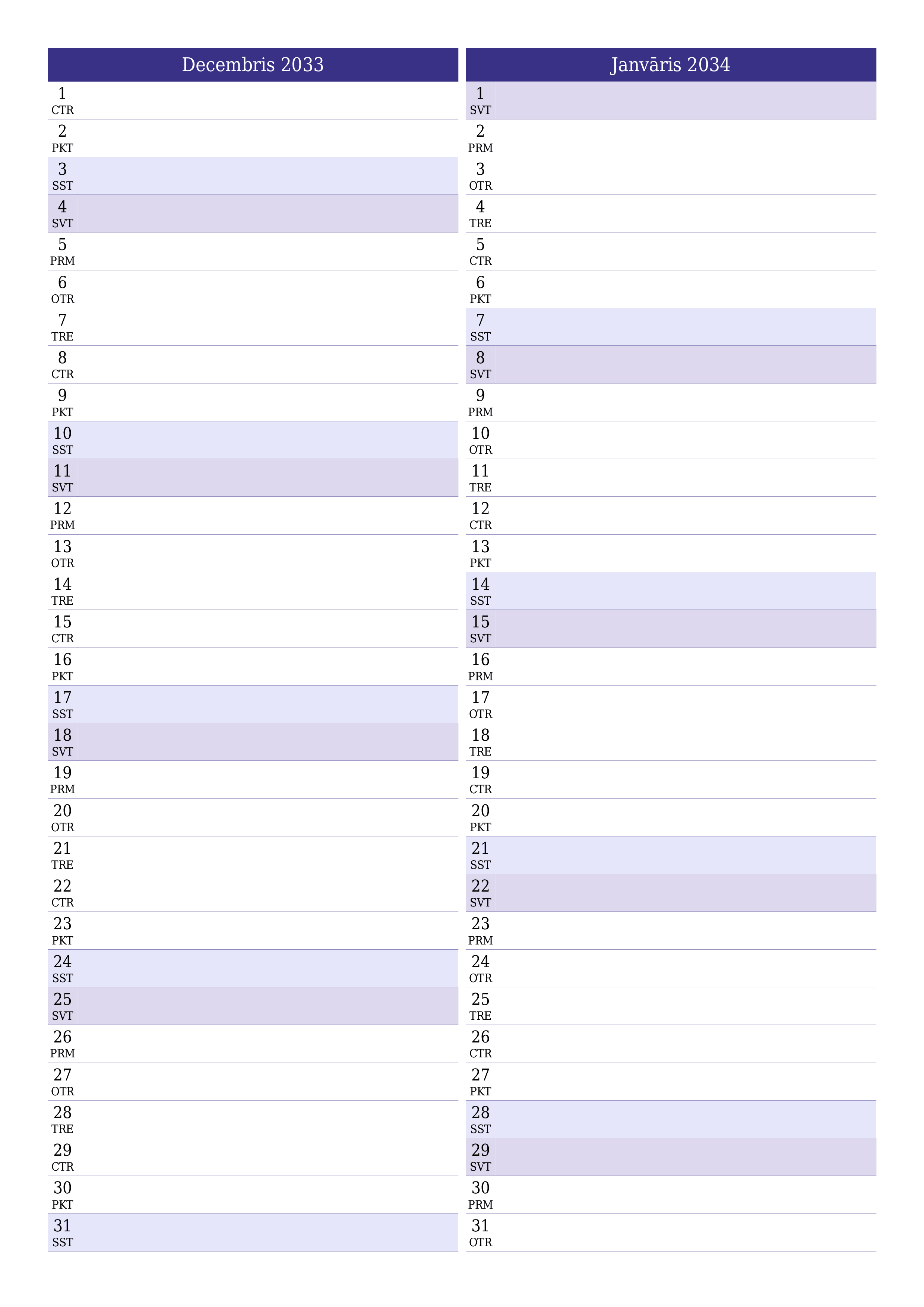 izdrukājams sienas kalendāra veidne bezmaksas vertikāli Mēneša plānotājs kalendārs Decembris (Dec) 2033