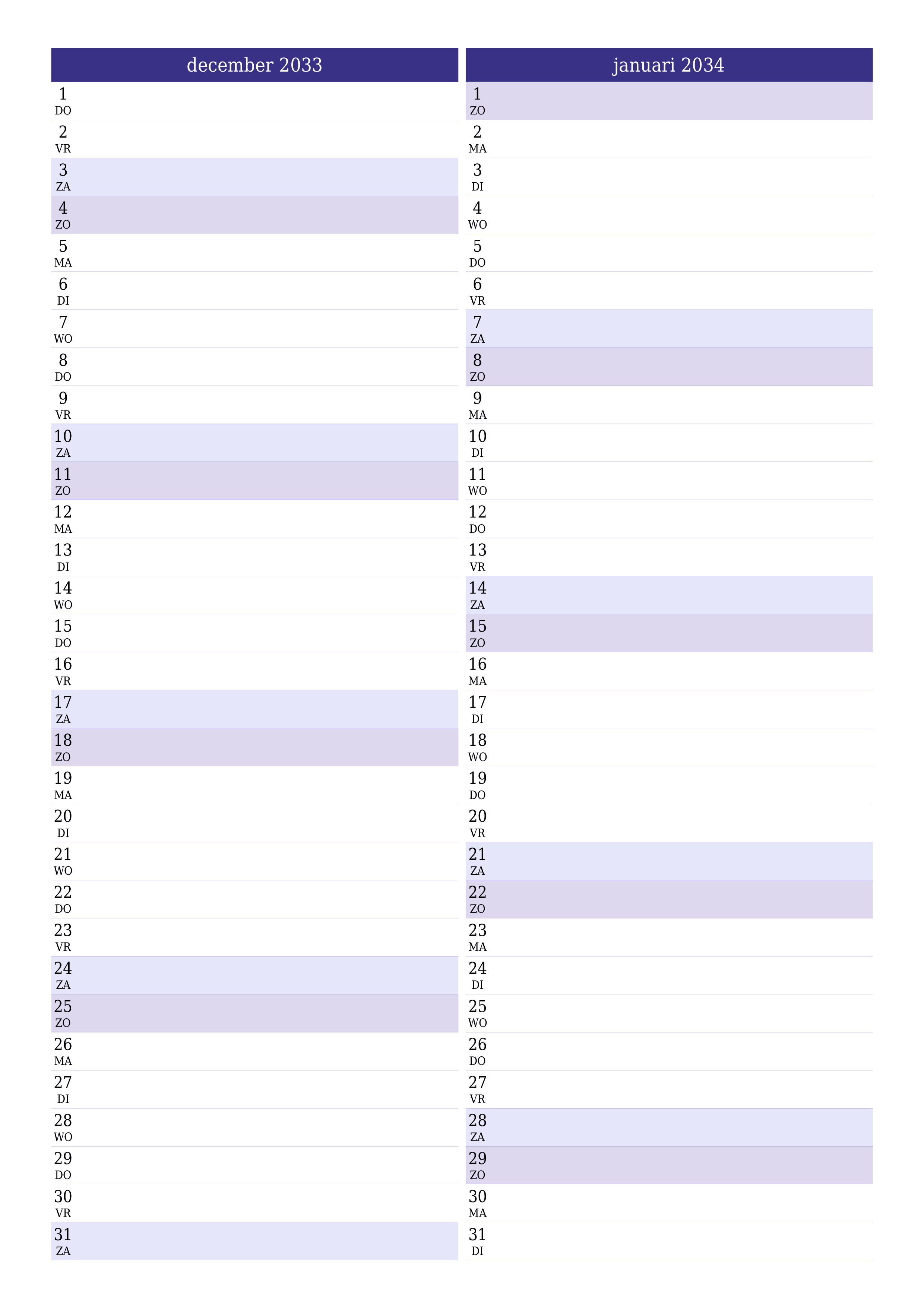 afdrukbare muur sjabloon gratis verticaal Maandelijks planner kalender december (dec) 2033