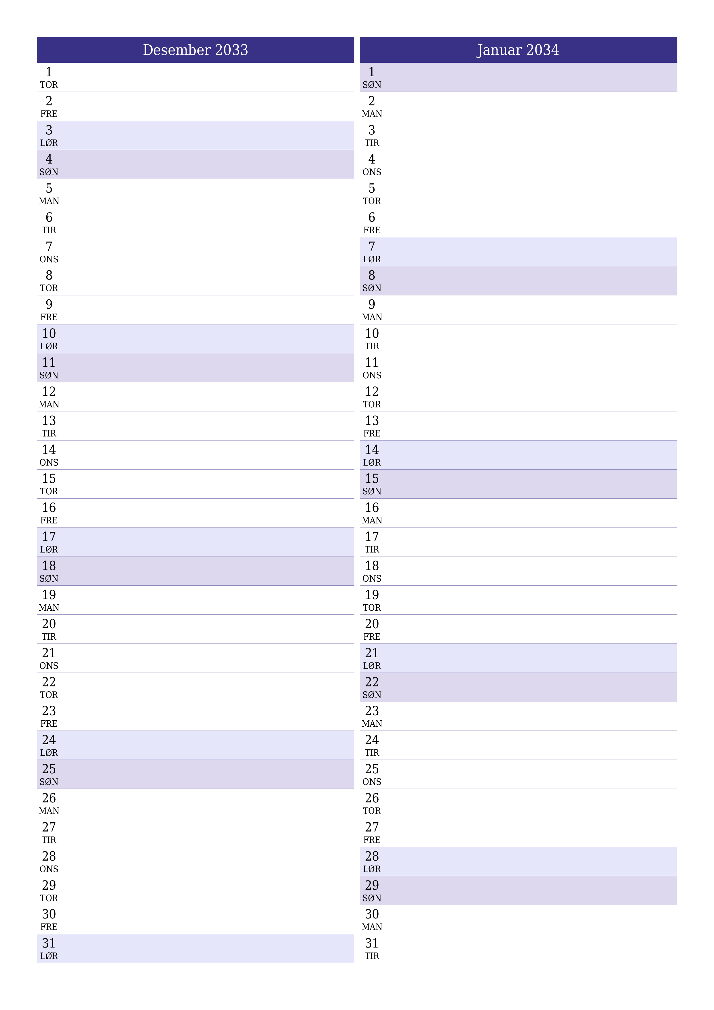 utskrivbar vegg mal gratis vertikal Månedlig planlegger kalender Desember (Des) 2033
