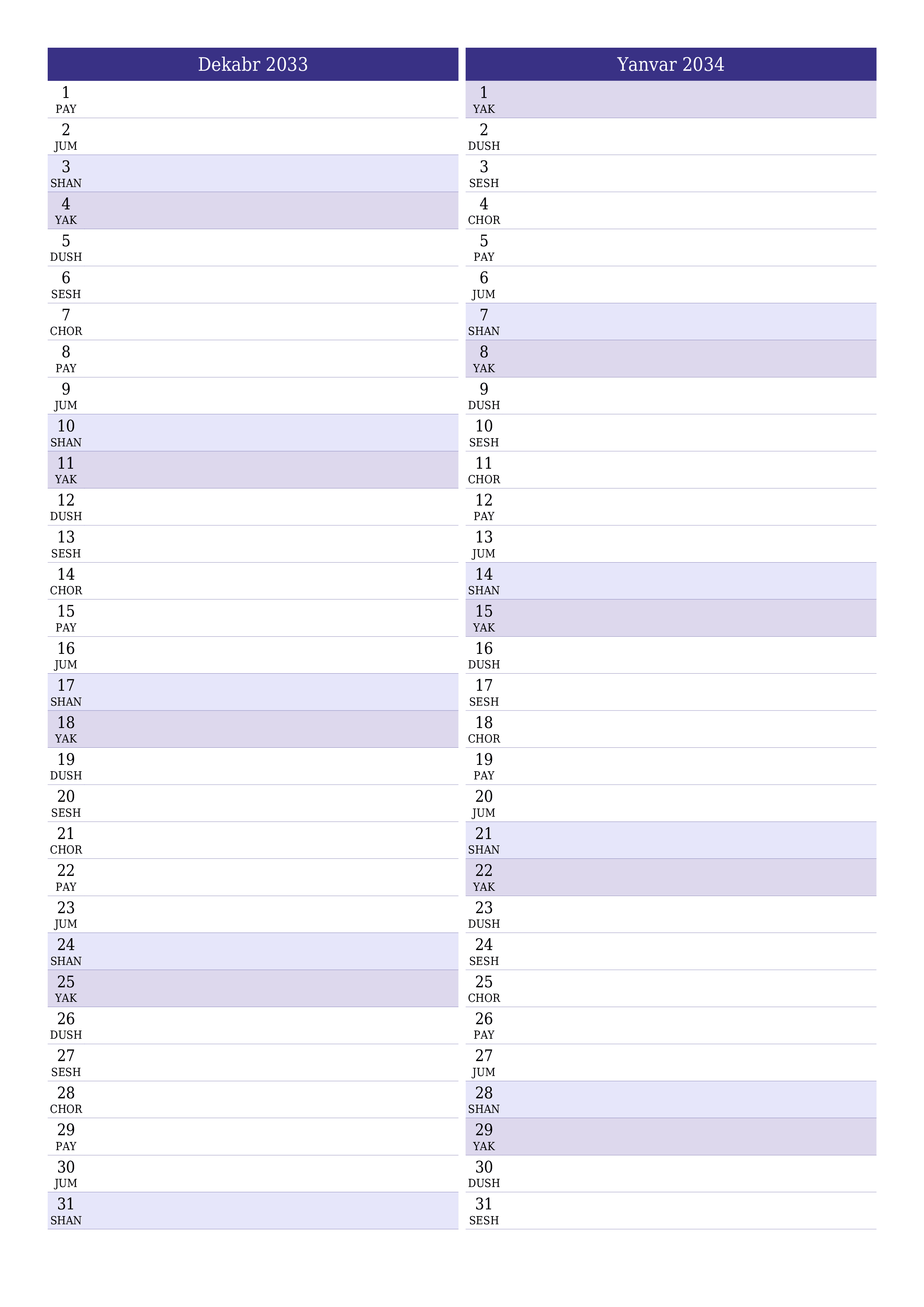 Dekabr 2033 oylik oylik rejalashtiruvchini yozuvlar bilan bo'shatish, saqlash va PDF-ga chop etish PNG Uzbek