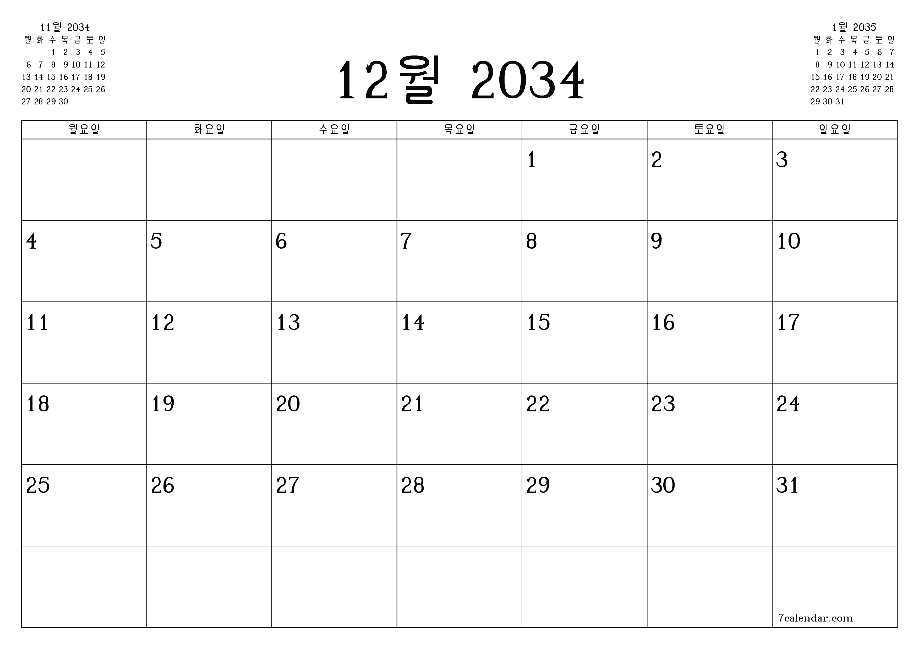 메모가있는 12월 2034 월의 월간 플래너 비우기, PDF PNG Korean-7calendar.com으로 저장 및 인쇄