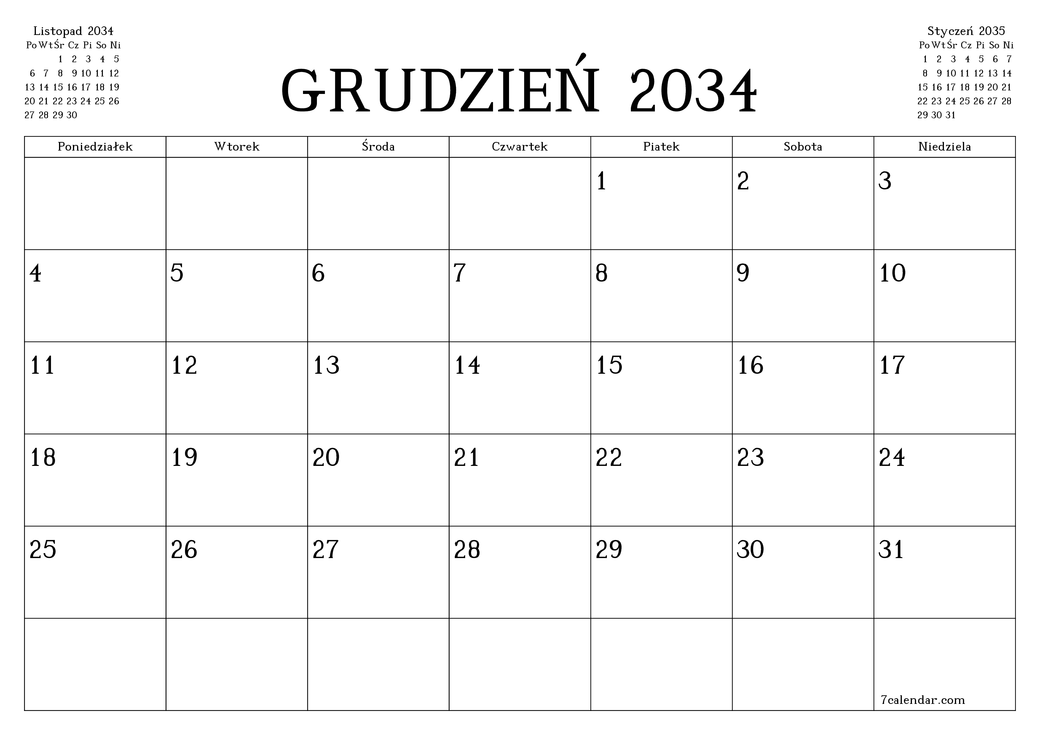 Opróżnij miesięczny planer na miesiąc Grudzień 2034 z notatkami, zapisz i wydrukuj w formacie PDF PNG Polish