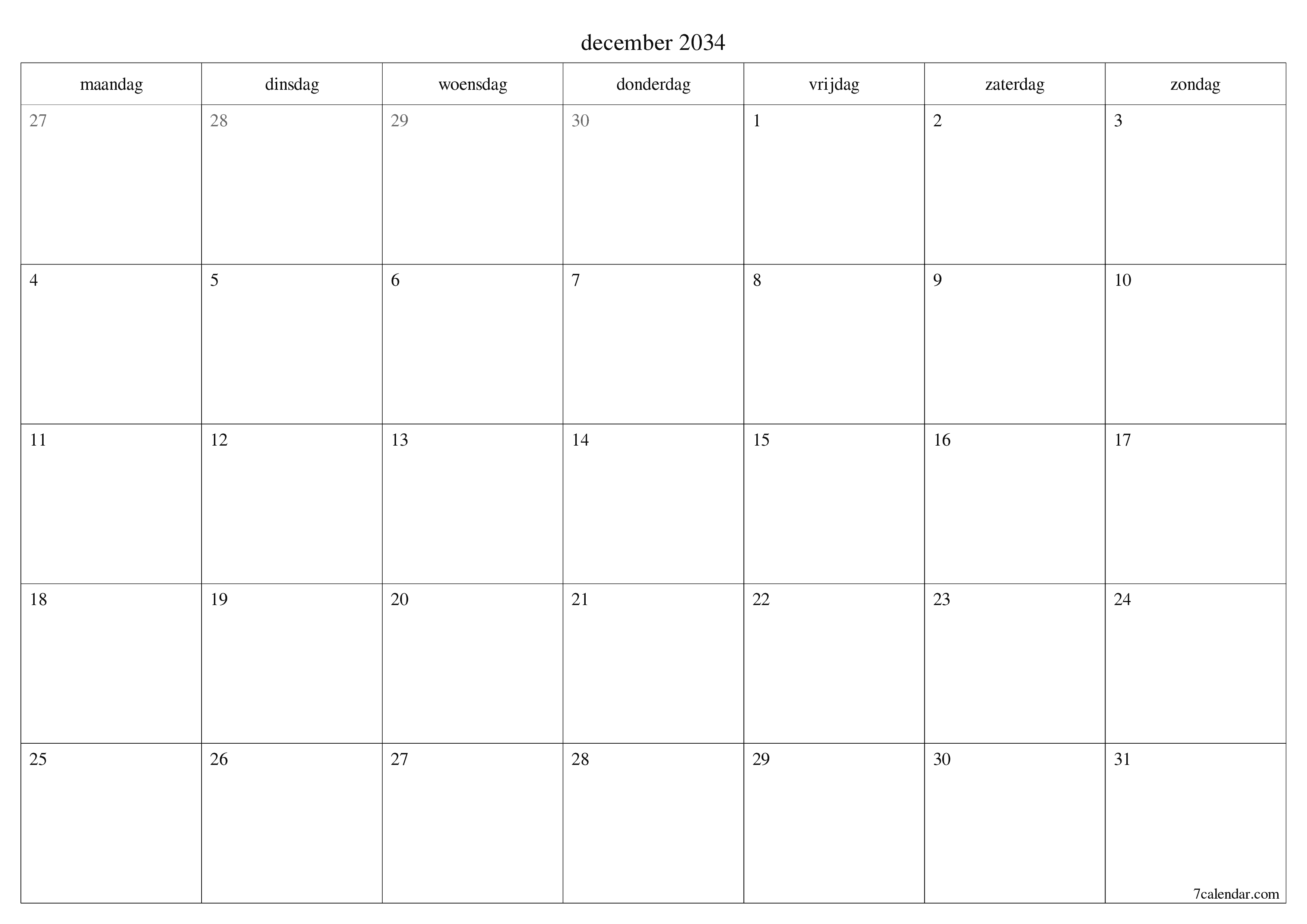 Lege maandplanner voor maand december 2034 met notities, opslaan en afdrukken naar pdf PNG Dutch