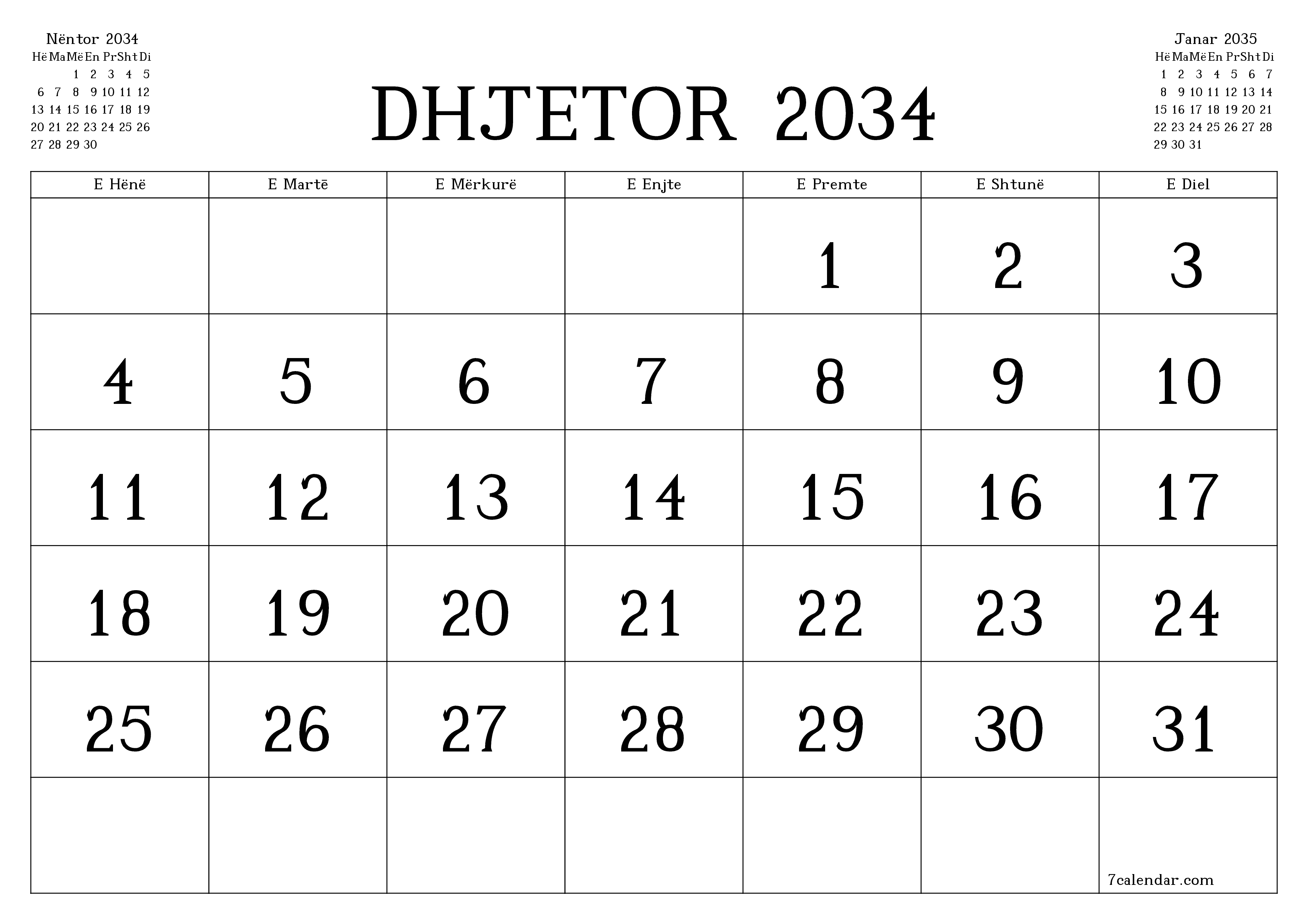 Planifikuesi i zbrazët i kalendarit mujor për muajin Dhjetor 2034 me shënime të ruajtura dhe të printuara në PDF PNG Albanian