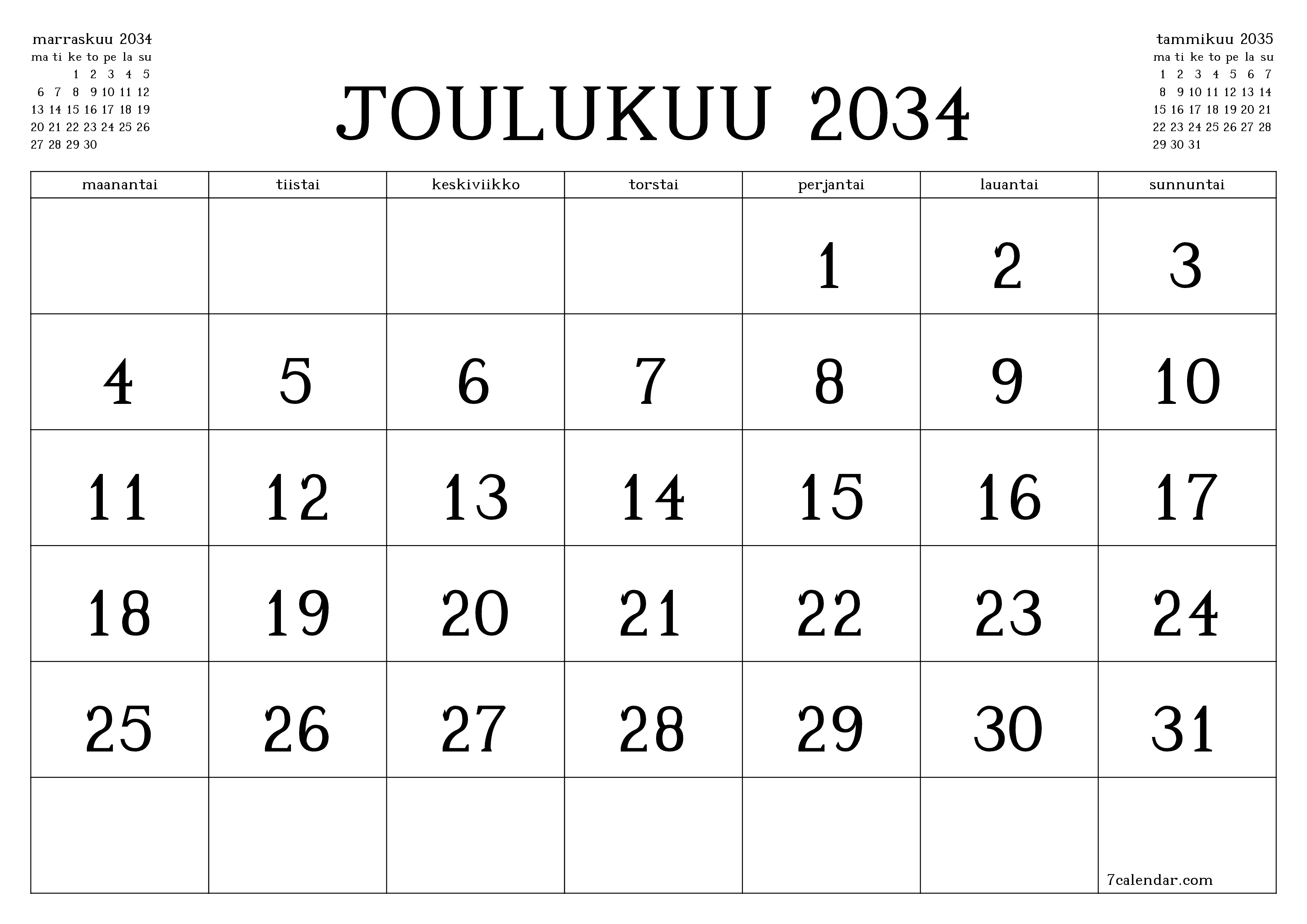 Tyhjennä kuukausittainen suunnittelija kuukaudelle Joulukuu 2034 muistiinpanoilla, tallenna ja tulosta PDF-muotoon PNG Finnish