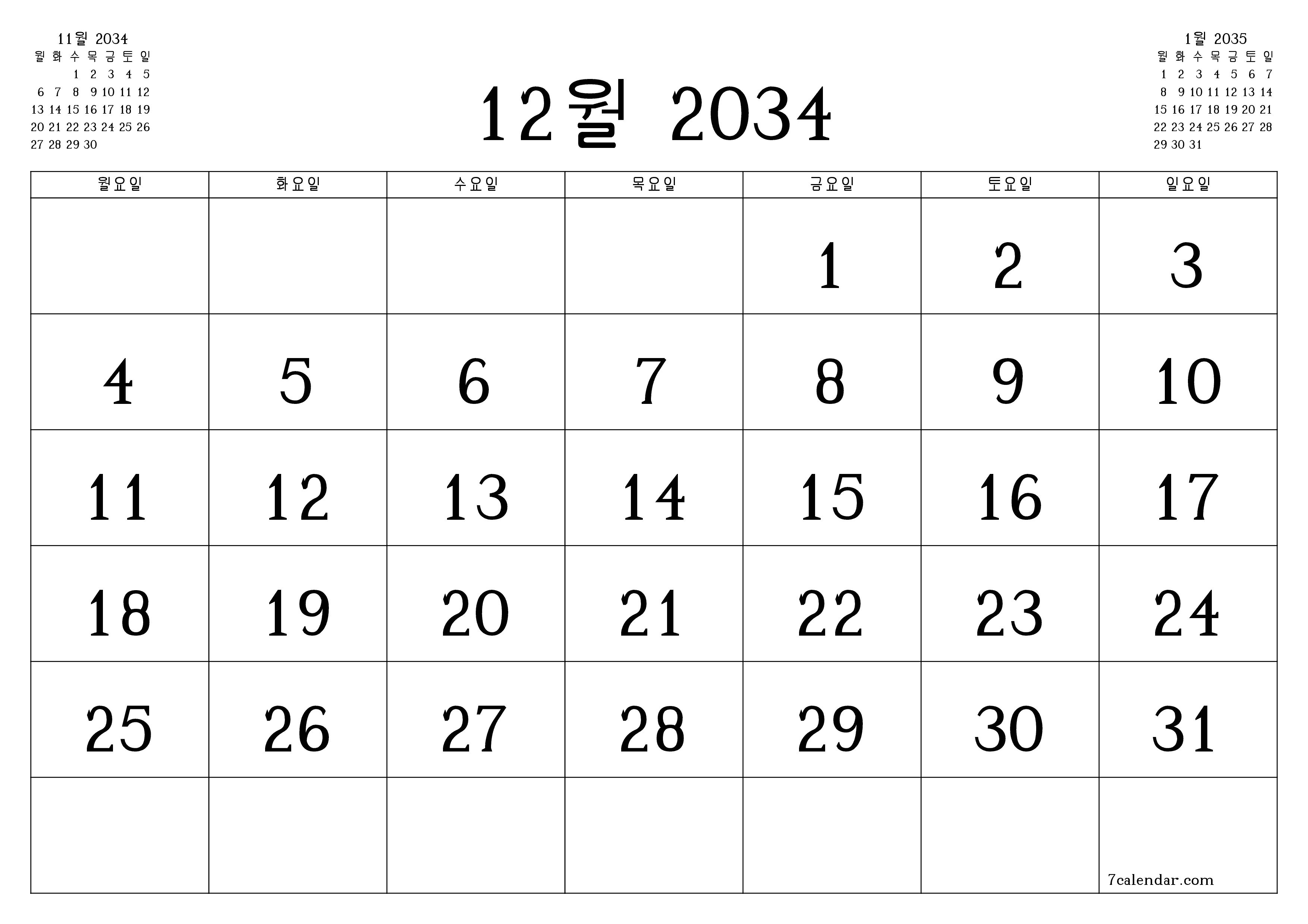 메모가있는 12월 2034 월의 월간 플래너 비우기, PDF PNG Korean-7calendar.com으로 저장 및 인쇄