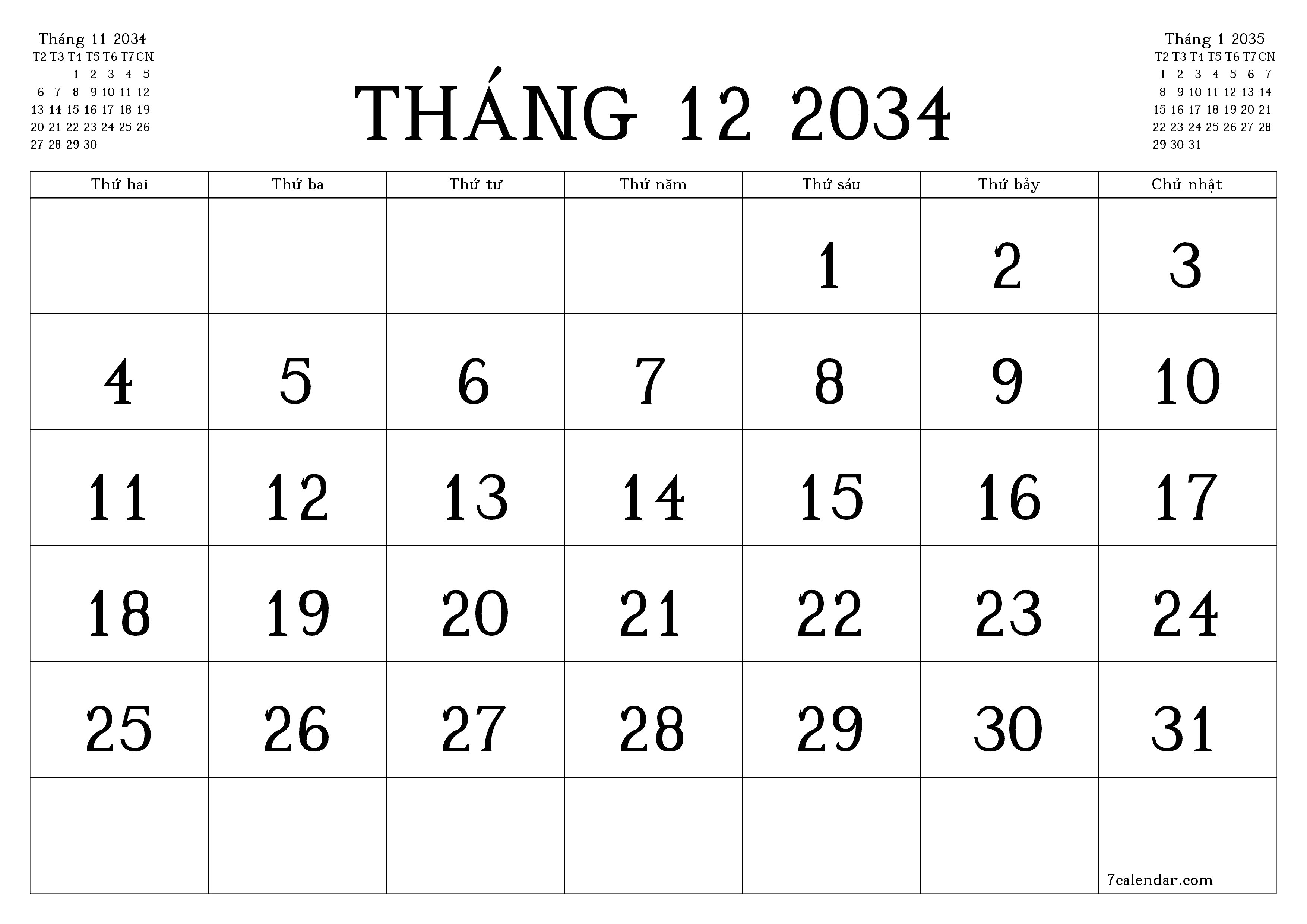 Công cụ lập kế hoạch hàng tháng trống cho tháng Tháng 12 2034 có ghi chú, lưu và in sang PDF PNG Vietnamese