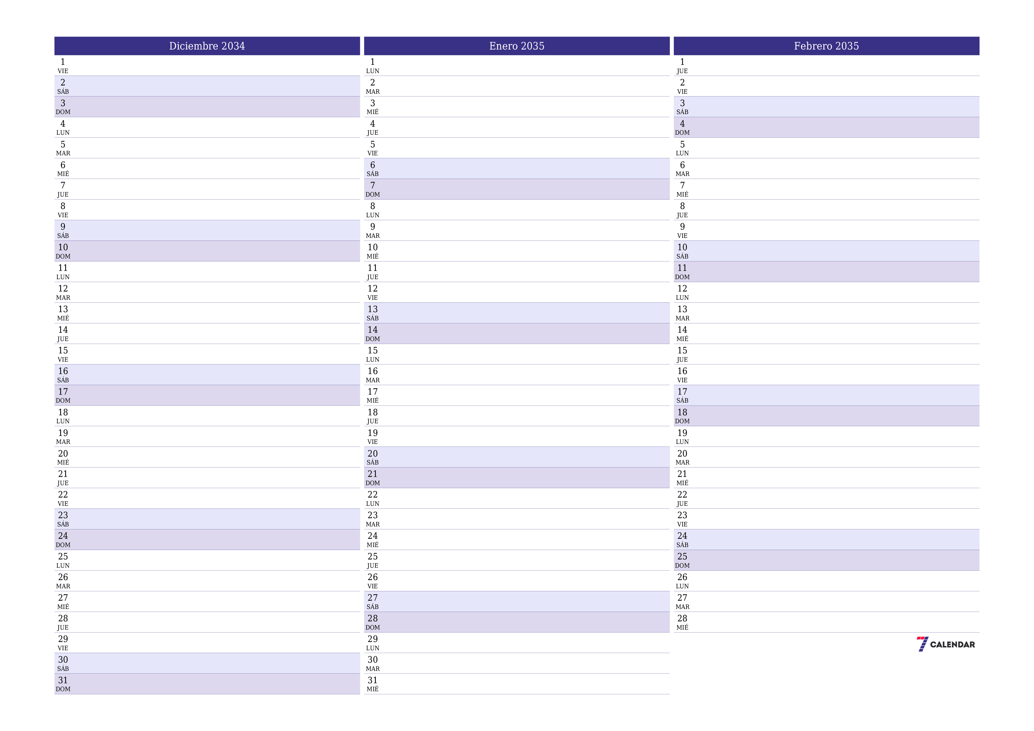 Planificador mensual vacío para el mes Diciembre 2034 con notas, guardar e imprimir en PDF PNG Spanish