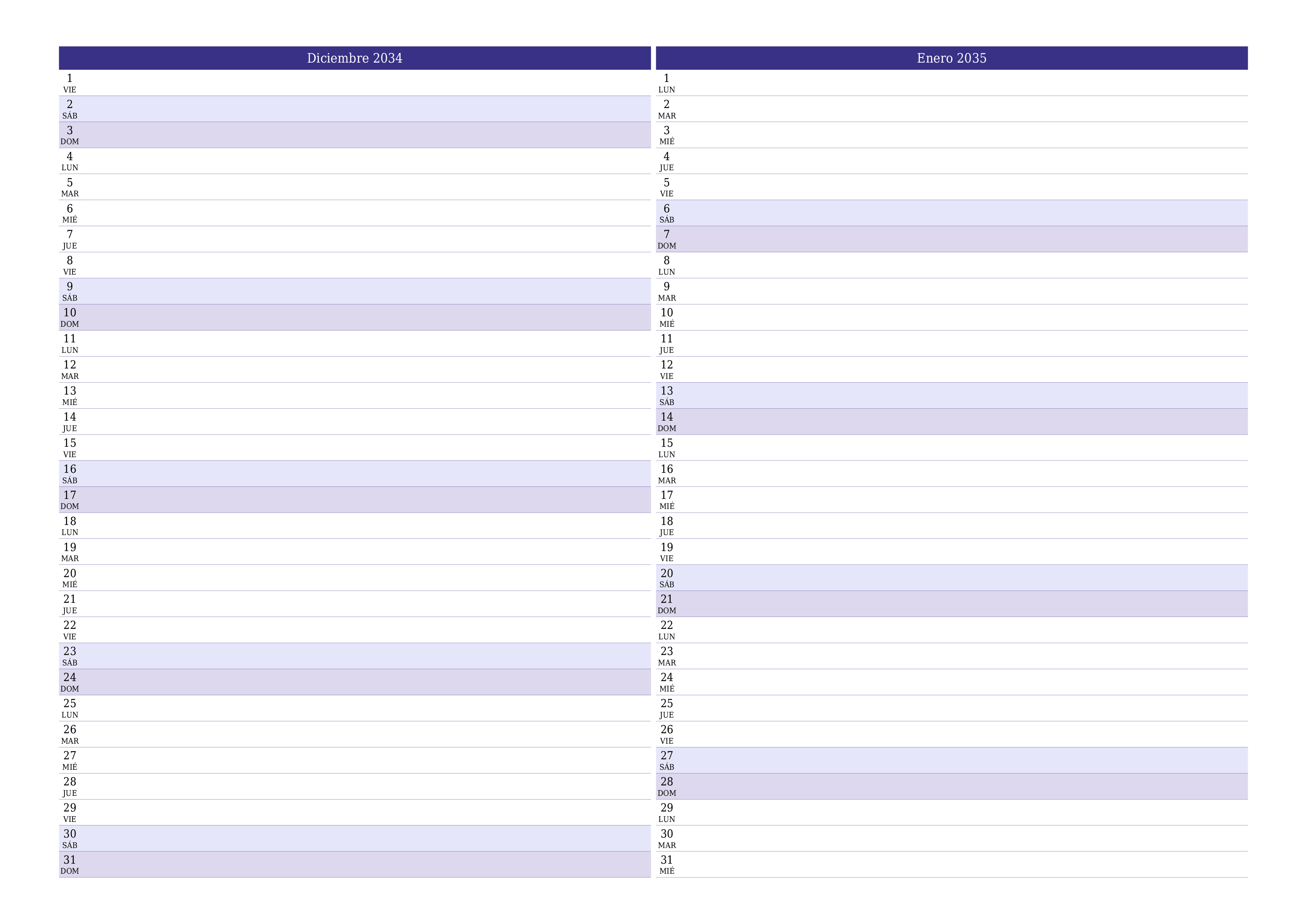 Planificador mensual vacío para el mes Diciembre 2034 con notas, guardar e imprimir en PDF PNG Spanish