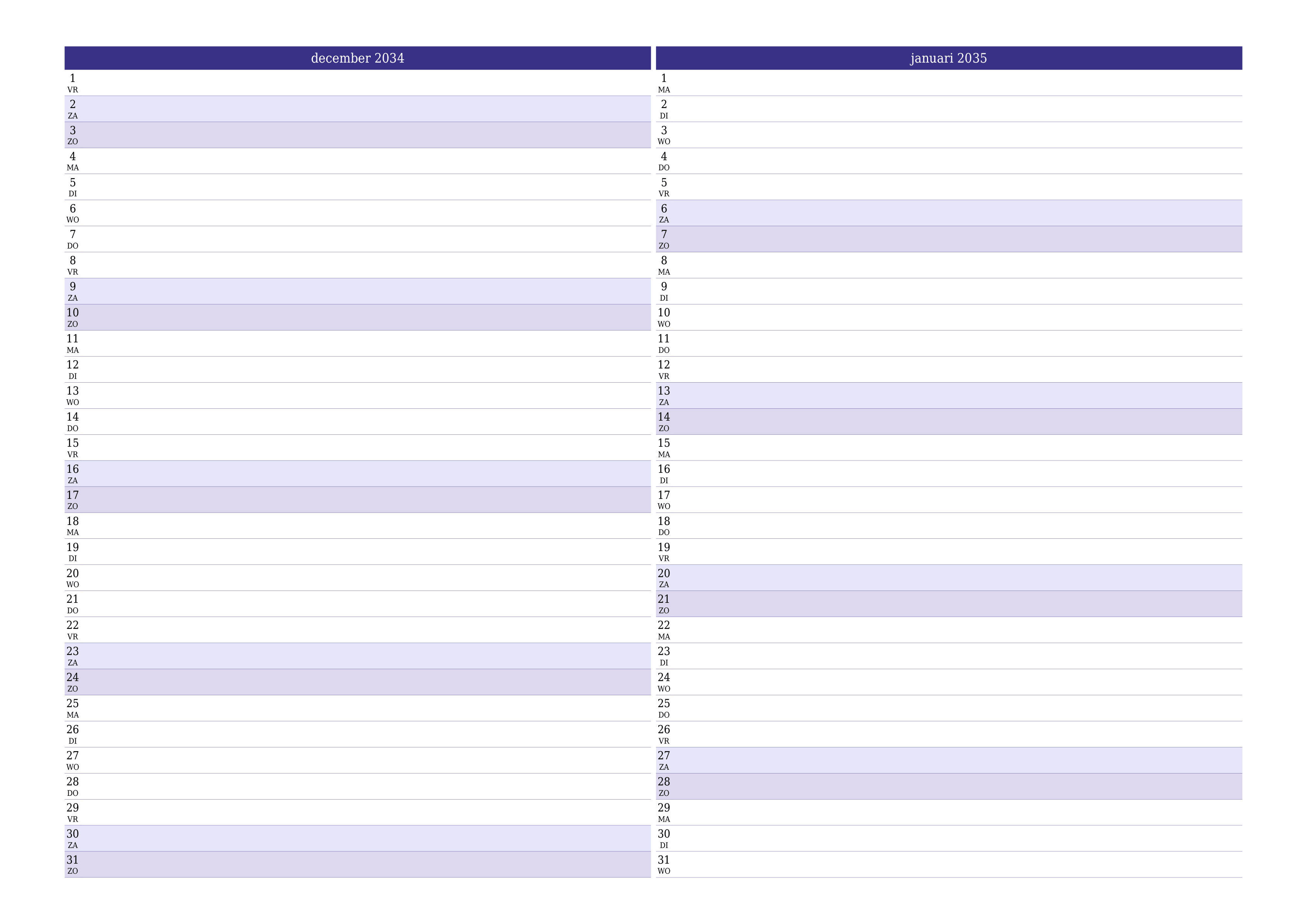 Lege maandplanner voor maand december 2034 met notities, opslaan en afdrukken naar pdf PNG Dutch